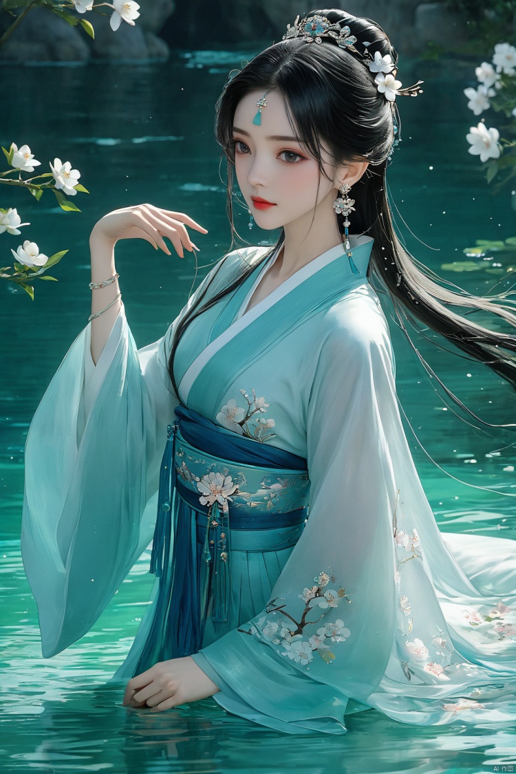  (masterpiece, top quality, best quality, official art, beautiful and aesthetic:1.2),gf-hd, 1girl, long hair, solo, upper body, water, flower, earrings, hair ornament, jewelry, black hair, chinese clothes, hanfu, long sleeves