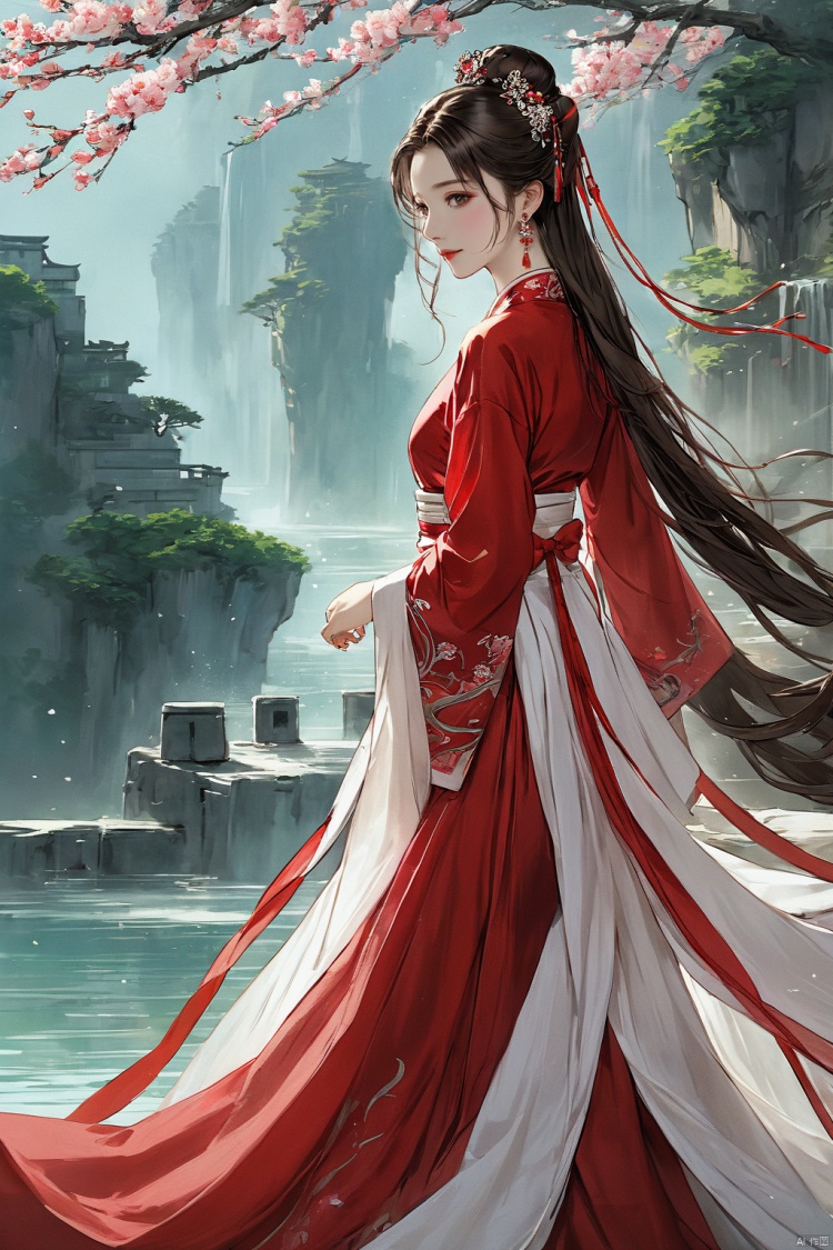  (masterpiece, top quality, best quality, official art, beautiful and aesthetic:1.2),gf-hd, 1girl, solo, hair ornament, jewelry, dress, red dress, earrings, chinese clothes, brown hair, ribbon, hanfu, red ribbon, shawl