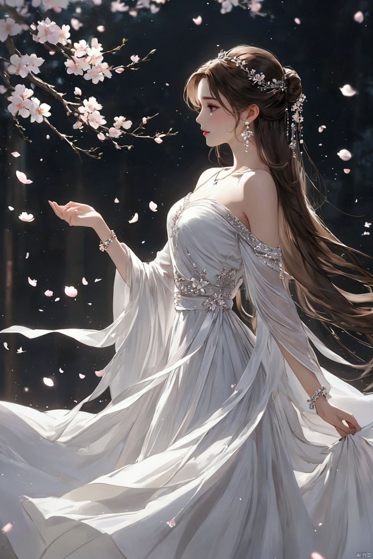  (masterpiece, top quality, best quality, official art, beautiful and aesthetic:1.2),gf-hd, 1girl, long hair, solo, hair ornament, flower, dress, jewelry, white dress, bare shoulders, bracelet, earrings, hair bun, branch, petals, upper body, blurry, falling petals, brown hair