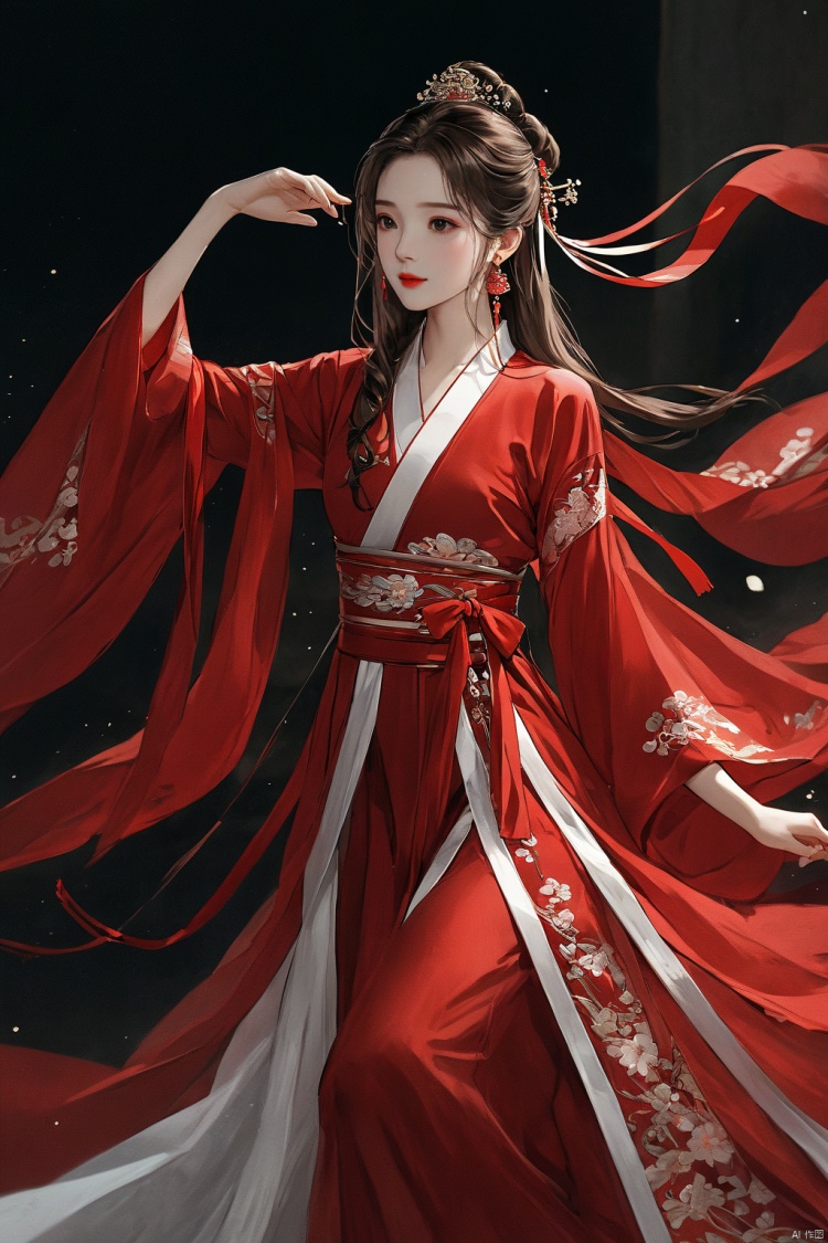  (masterpiece, top quality, best quality, official art, beautiful and aesthetic:1.2),gf-hd, 1girl, solo, hair ornament, jewelry, dress, red dress, earrings, chinese clothes, brown hair, ribbon, hanfu, red ribbon, shawl