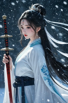  (masterpiece, top quality, best quality, official art, beautiful and aesthetic:1.2),gf-hd, 1girl, solo, long hair, sword, weapon, hair ornament, black hair, chinese clothes, upper body, snow, hair bun, hanfu, snowing, facial mark, forehead mark