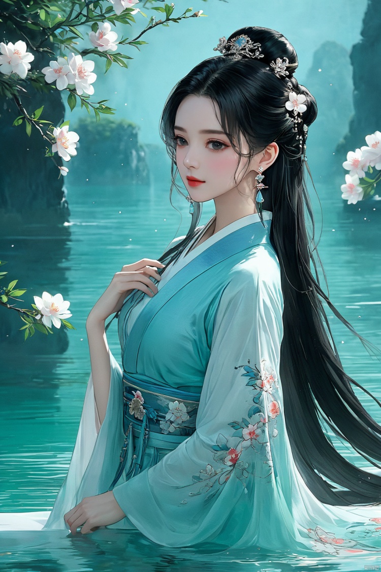  (masterpiece, top quality, best quality, official art, beautiful and aesthetic:1.2),gf-hd, 1girl, long hair, solo, upper body, water, flower, earrings, hair ornament, jewelry, black hair, chinese clothes, hanfu, long sleeves