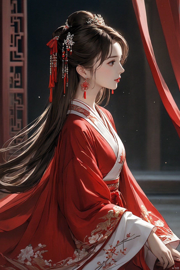  (masterpiece, top quality, best quality, official art, beautiful and aesthetic:1.2),gf-hd, 1girl, solo, hair ornament, jewelry, dress, red dress, earrings, chinese clothes, brown hair, ribbon, hanfu, red ribbon, shawl