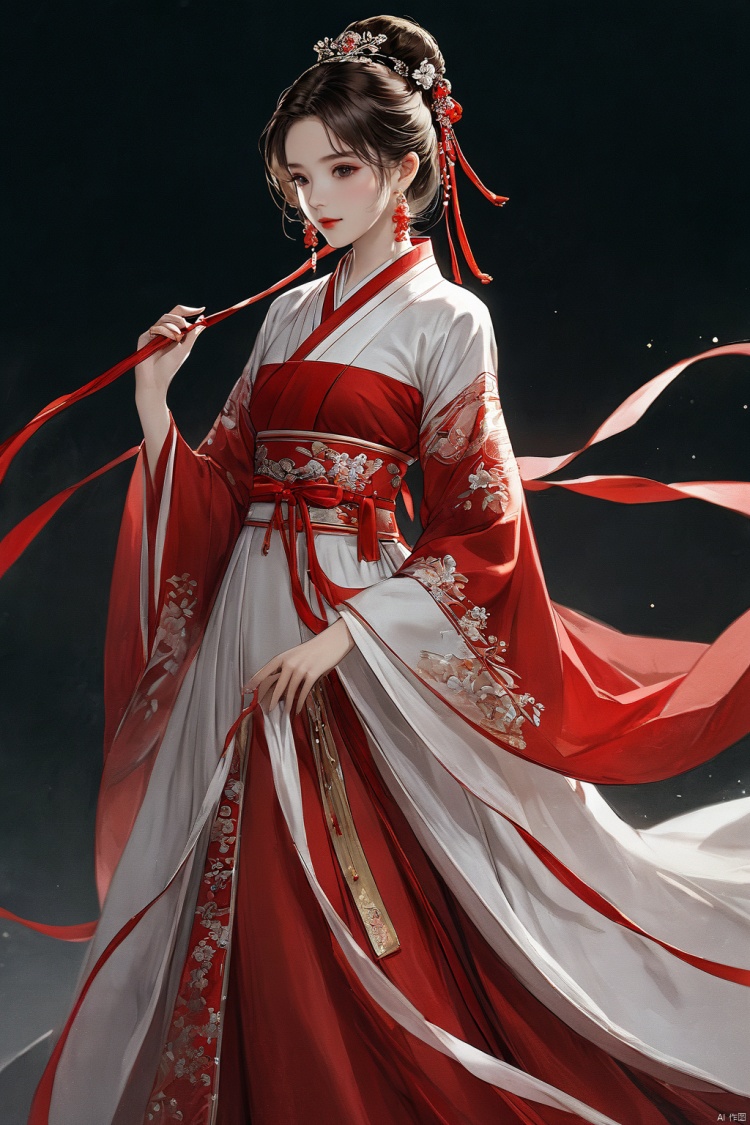  (masterpiece, top quality, best quality, official art, beautiful and aesthetic:1.2),gf-hd, 1girl, solo, hair ornament, jewelry, dress, red dress, earrings, chinese clothes, brown hair, ribbon, hanfu, red ribbon, shawl