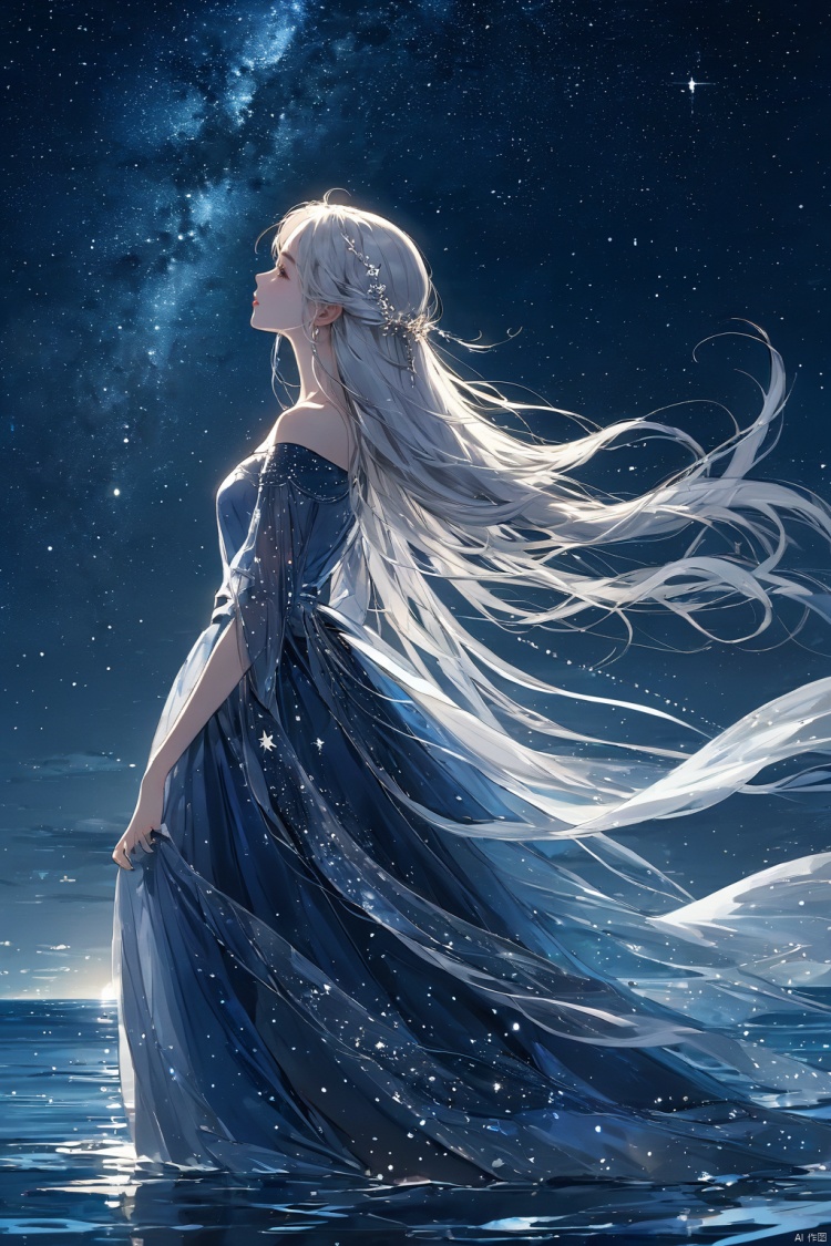  (masterpiece, top quality, best quality, official art, beautiful and aesthetic:1.2),gf-hd, 1girl, solo, long hair, looking up, sky, star \(sky\), white hair, night, water, dress, night sky, starry sky, reaching, profile, hair ornament, see-through