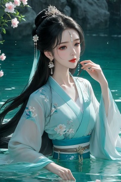  (masterpiece, top quality, best quality, official art, beautiful and aesthetic:1.2),gf-hd, 1girl, long hair, solo, upper body, water, flower, earrings, hair ornament, jewelry, black hair, chinese clothes, hanfu, long sleeves