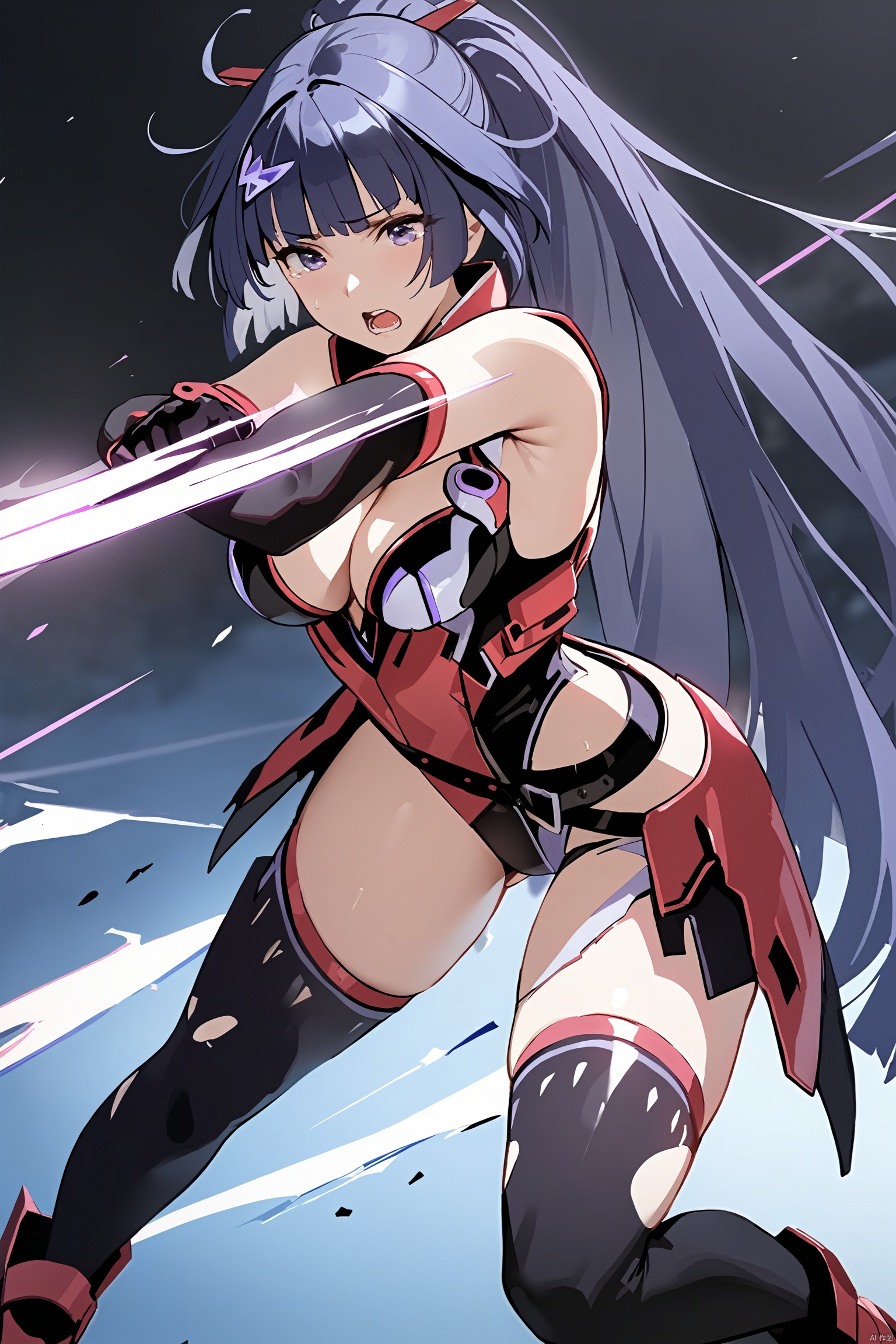 masterpiece,best quality,1girl, (ultra high res),solo,hair ornament,bare shoulders,very long hair,purple eyes,ponytail,purple hair,black gloves,tears,armor,torn clothes,boots,thighhighs,cleavage,(full_body:1.2),standing,fighting_stance,raiden mei,