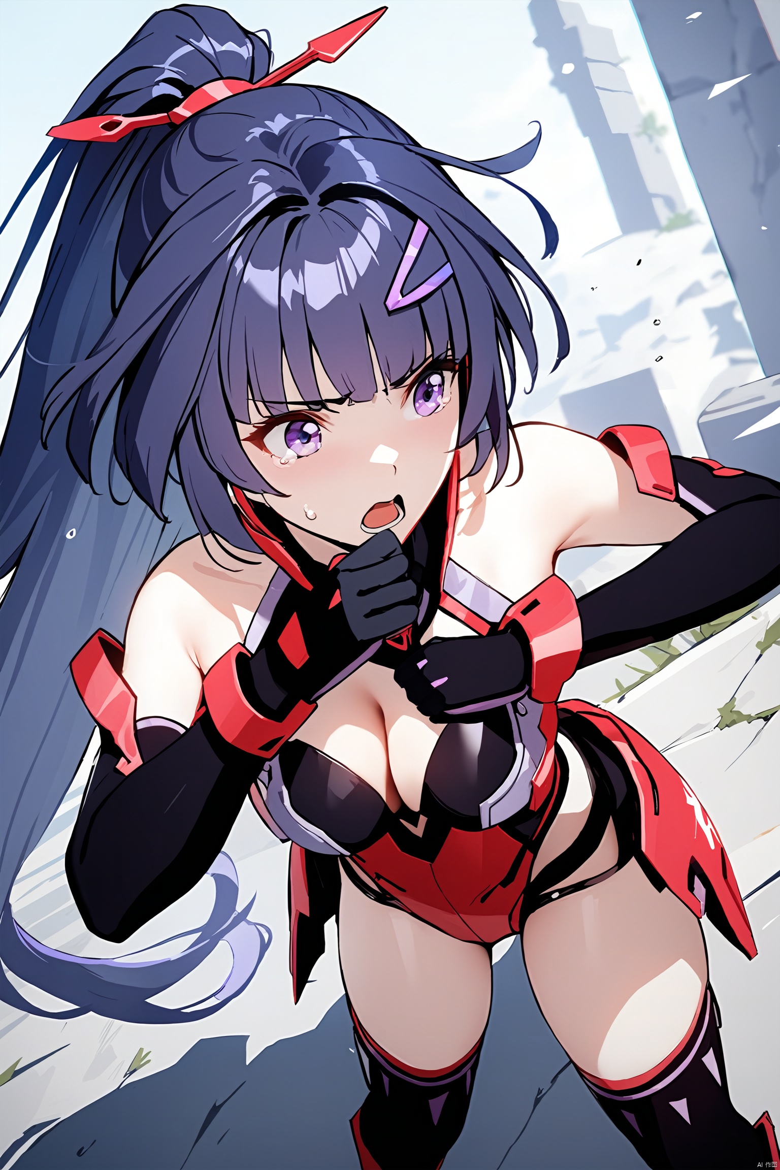 masterpiece,best quality,1girl, (ultra high res),solo,hair ornament,bare shoulders,very long hair,purple eyes,ponytail,purple hair,black gloves,tears,armor,boots,thighhighs,cleavage,(full_body:1.2),standing,fighting_stance,raiden mei,