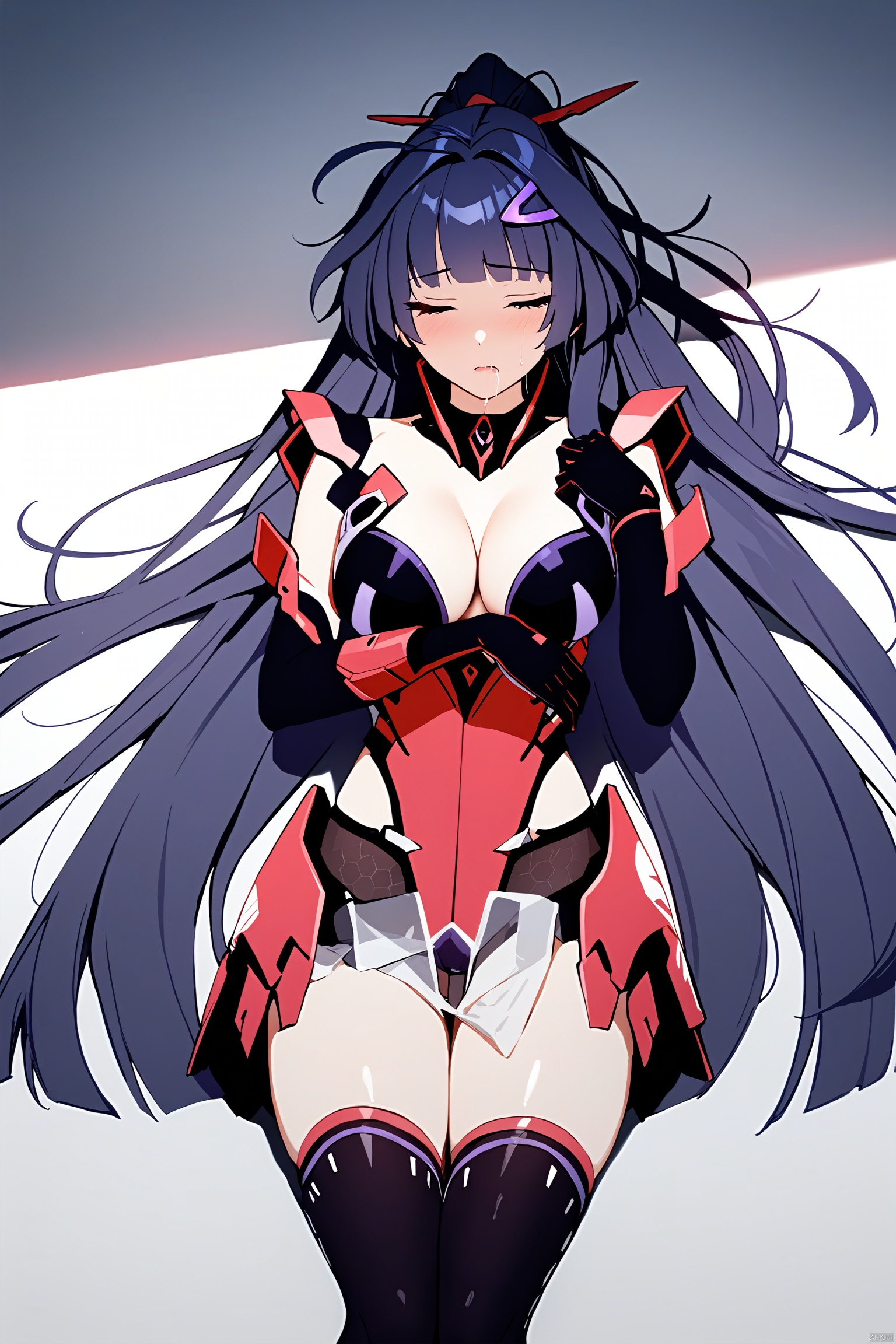 masterpiece,best quality,1girl, (ultra high res),solo,hair ornament,bare shoulders,very long hair,purple eyes,ponytail,purple hair,black gloves,tears,armor,boots,thighhighs,cleavage,(full_body:1.2),raiden mei,lying on floor,sleeping,one hand on stomach,saliva drip,