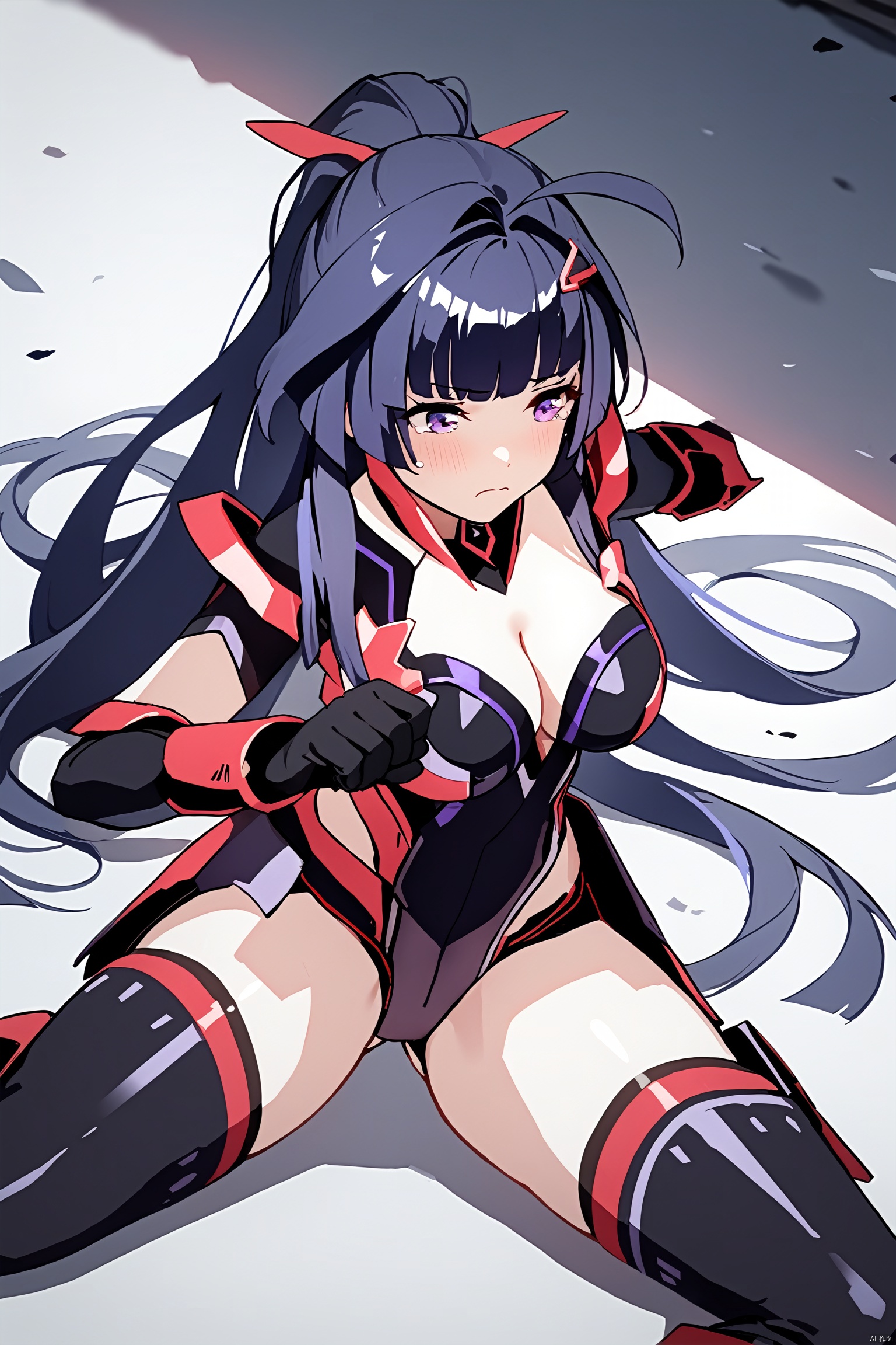 masterpiece,best quality,1girl, (ultra high res),solo,hair ornament,bare shoulders,very long hair,purple eyes,ponytail,purple hair,black gloves,tears,armor,boots,thighhighs,cleavage,(full_body:1.2),standing,fighting_stance,raiden mei,lying,sleeping,