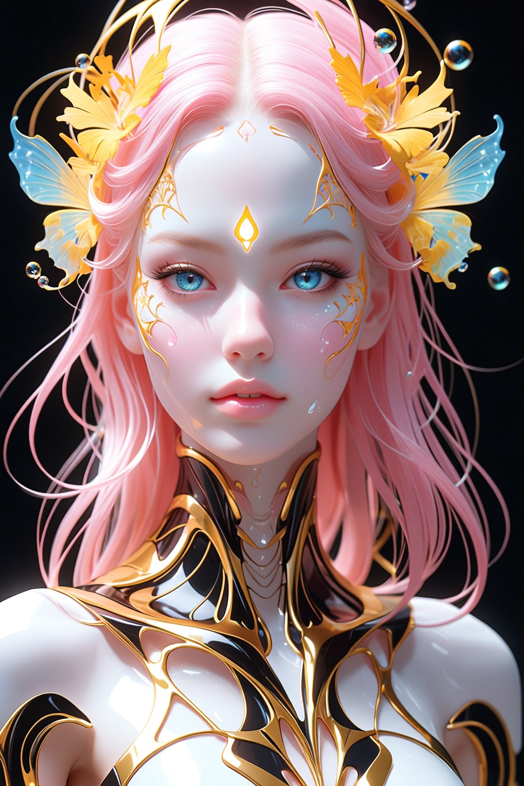 1 girl stands in black and gold fluid,  looks at viewer, on Tensor.Art