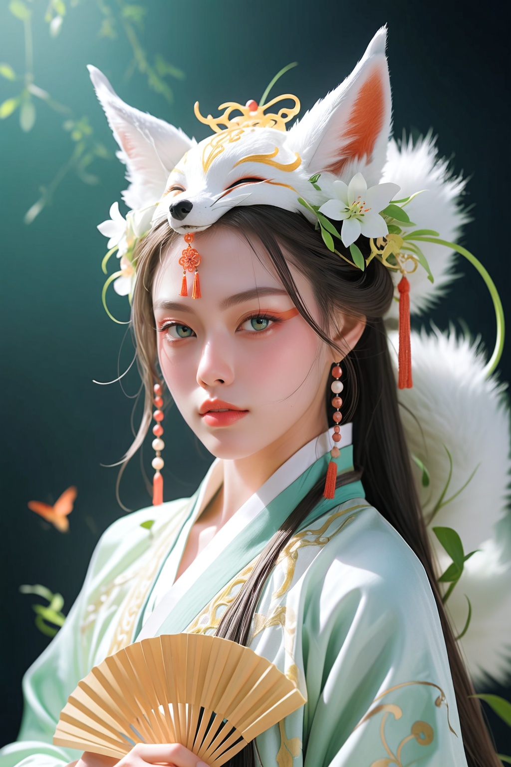 A fox girl,  fan,  biting the end of a fan on Tensor.Art