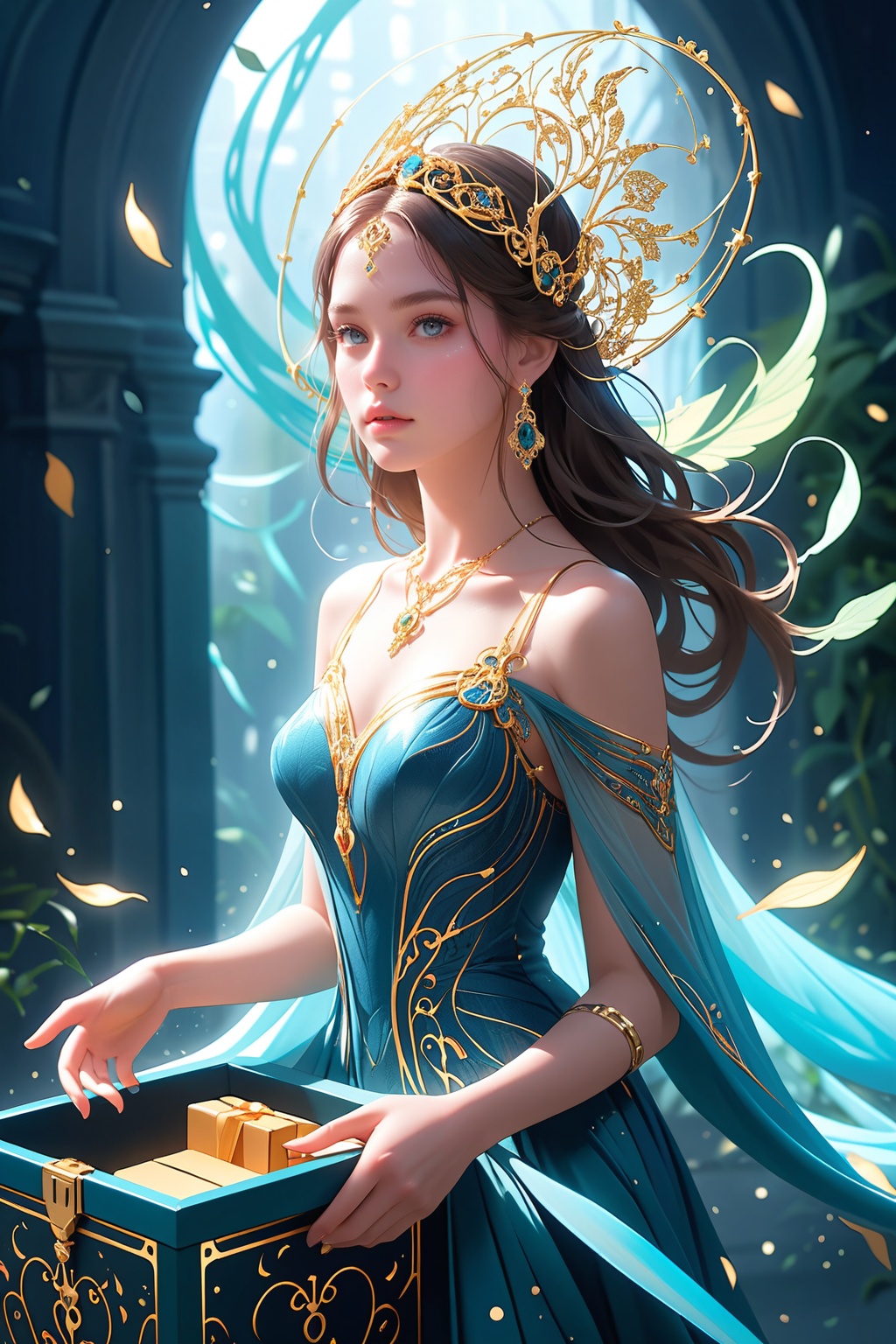 The beautiful Pandora,  adorned in intricate jewelry and a flowing dress,  eagerly reaching for the lid of the mysterious...