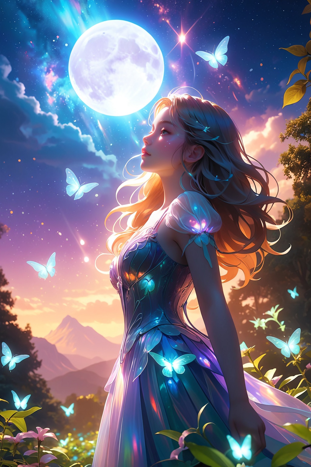 expansive landscape photograph,  (a view from below that shows sky above and open field below),  a girl standing on flower...