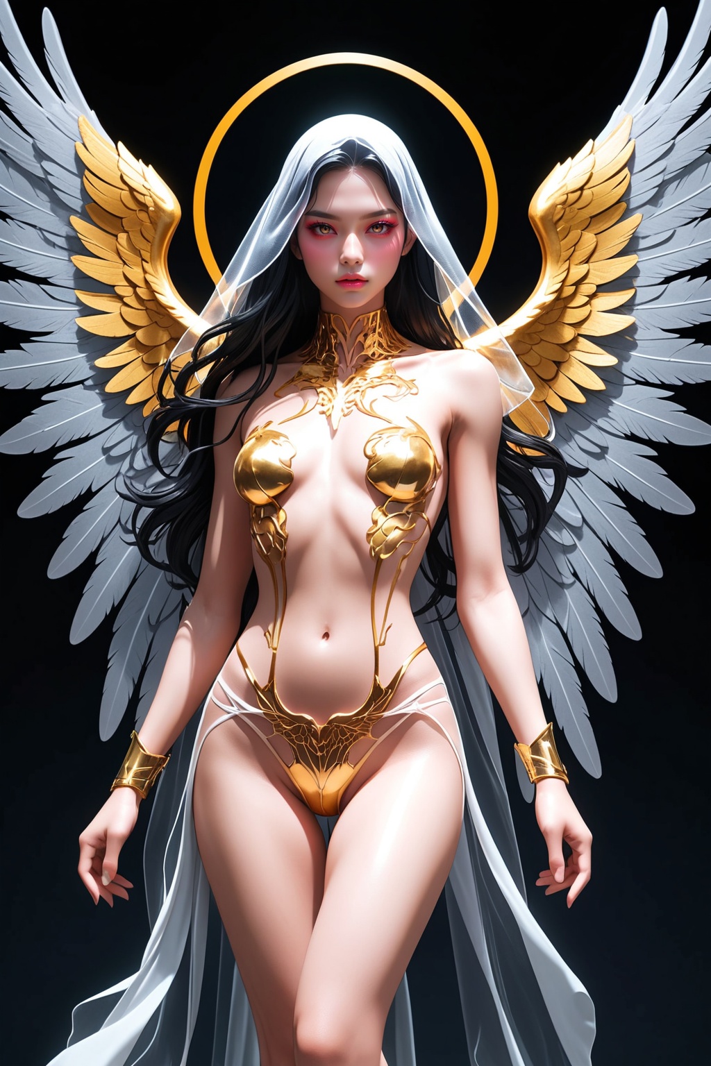 SelectiveColorStyle,  2colorpop gold. A beautiful fallen angel with dark tattered wings,  wearing nothing but a thin trans...