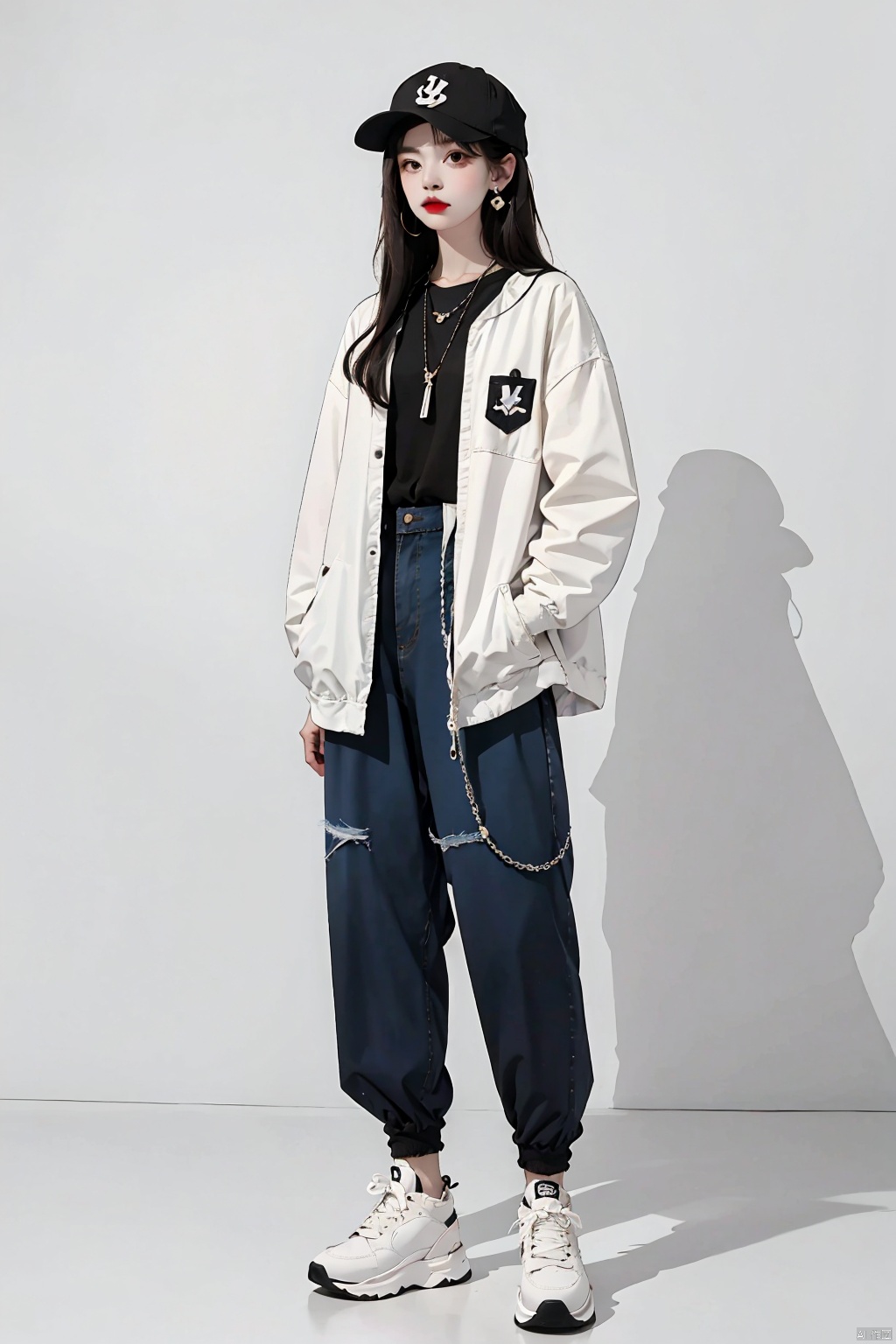  1girl, solo, long hair, looking at viewer, simple background, shirt, black hair, long sleeves, hat, white background, brown eyes, jewelry, standing, full body, earrings, shoes, pants, necklace, black headwear, white footwear, sneakers, baseball cap, hand in pocket, red lips, fashion,Clothing design