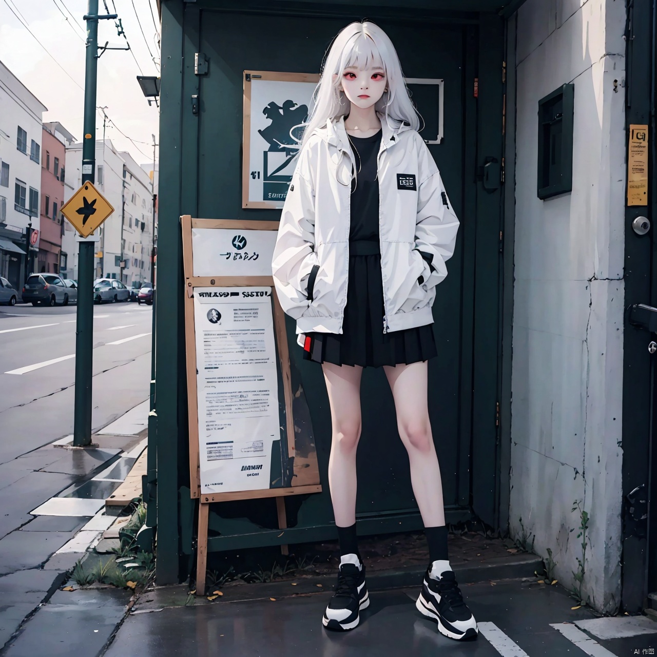 1girl, solo, long hair, looking at viewer, bangs, skirt, red eyes, long sleeves, holding, jewelry, closed mouth, standing, jacket, full body, white hair, outdoors, open clothes, shoes, day, black footwear, open jacket, sleeves past wrists, white jacket, sneakers, puffy long sleeves, sign,Clothing design