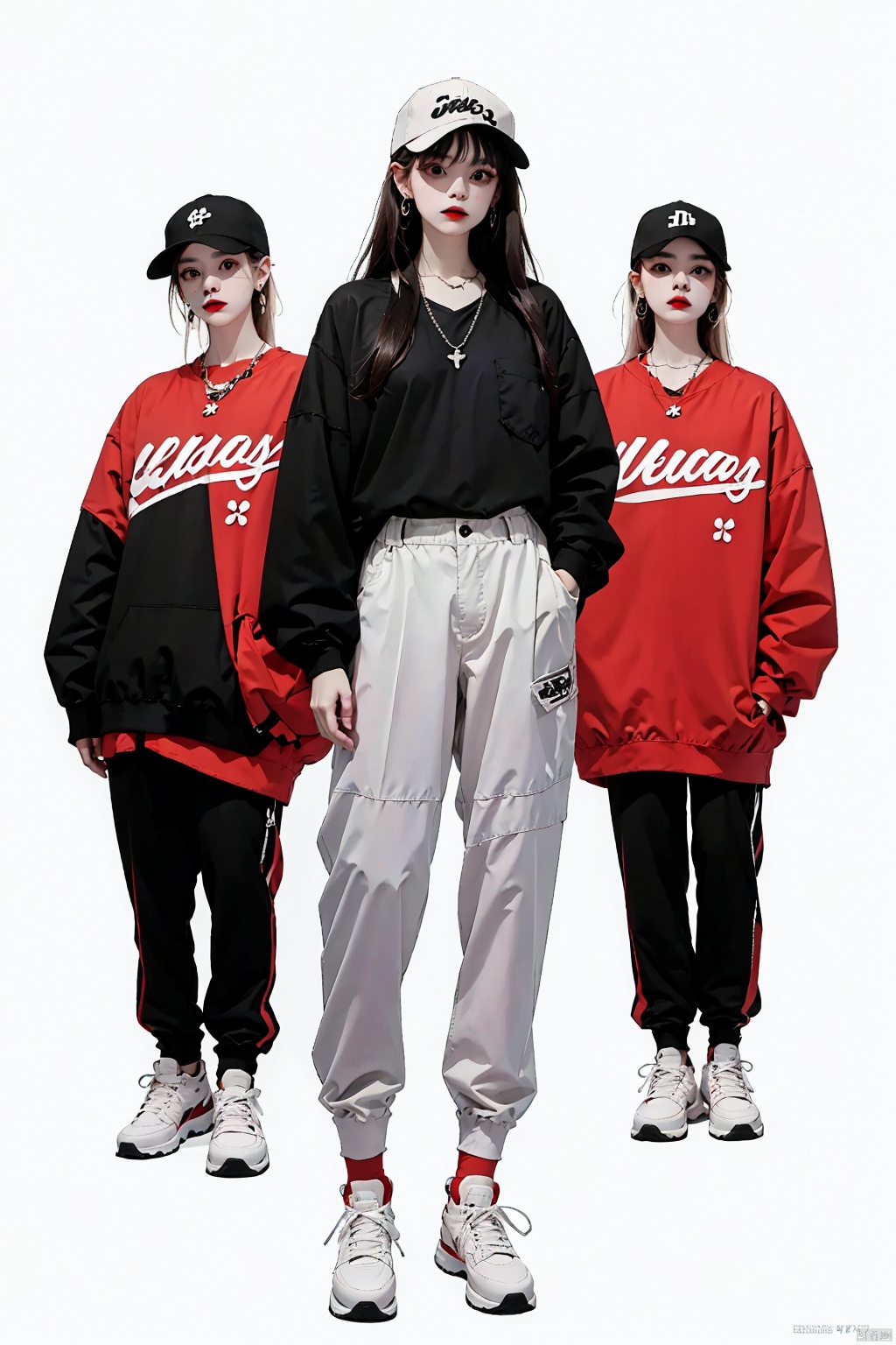  1girl, solo, long hair, looking at viewer, simple background, shirt, black hair, long sleeves, hat, white background, brown eyes, jewelry, standing, full body, earrings, shoes, pants, necklace, black headwear, white footwear, sneakers, baseball cap, hand in pocket, red lips, fashion,Clothing design