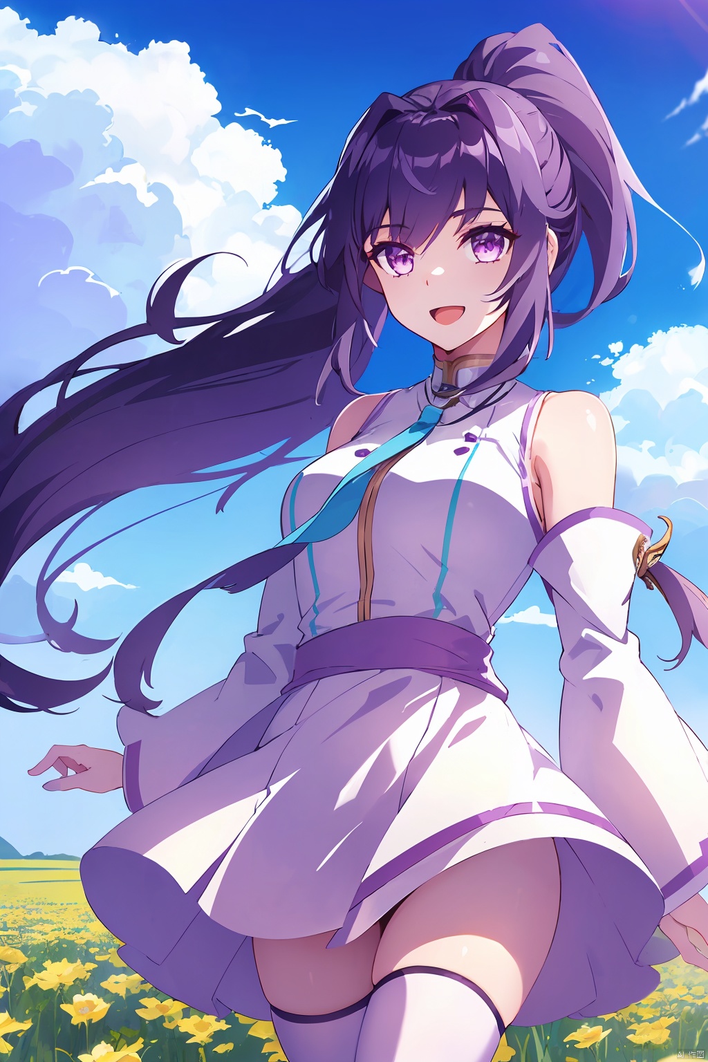  1girl, solo, long hair, breasts, looking at viewer, smile, open mouth, thighhighs, dress, standing, purple eyes, ponytail, detached sleeves, outside,sky, flower field,blue sky,outdoors,cloud,cloudy day, white dress, white thighhighs, Anime