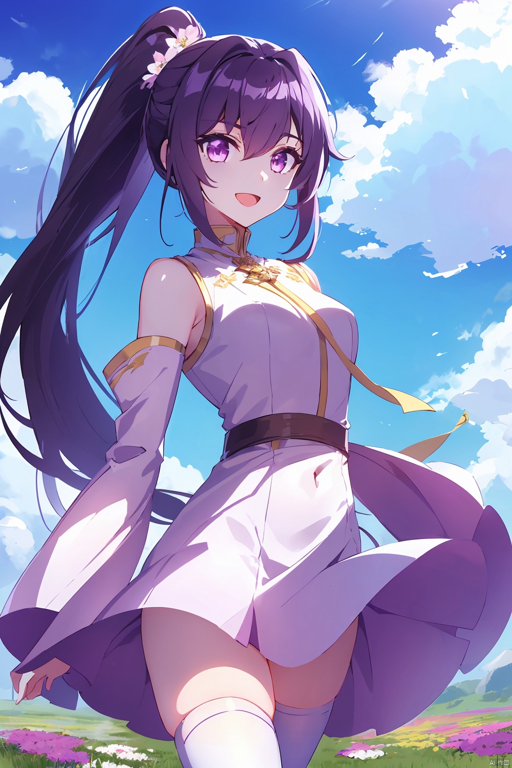  1girl, solo, long hair, breasts, looking at viewer, smile, open mouth, thighhighs, dress, standing, purple eyes, ponytail, detached sleeves, outside,sky, flower field,blue sky,outdoors,cloud,cloudy day, white dress, white thighhighs, Anime