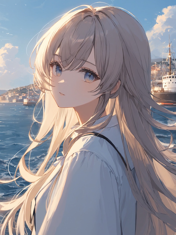 1girl,at the harbor,sea,wind,beautiful,upper body,looking at viewer,masterpiece,extremely detailed,best quality,very aesthetic