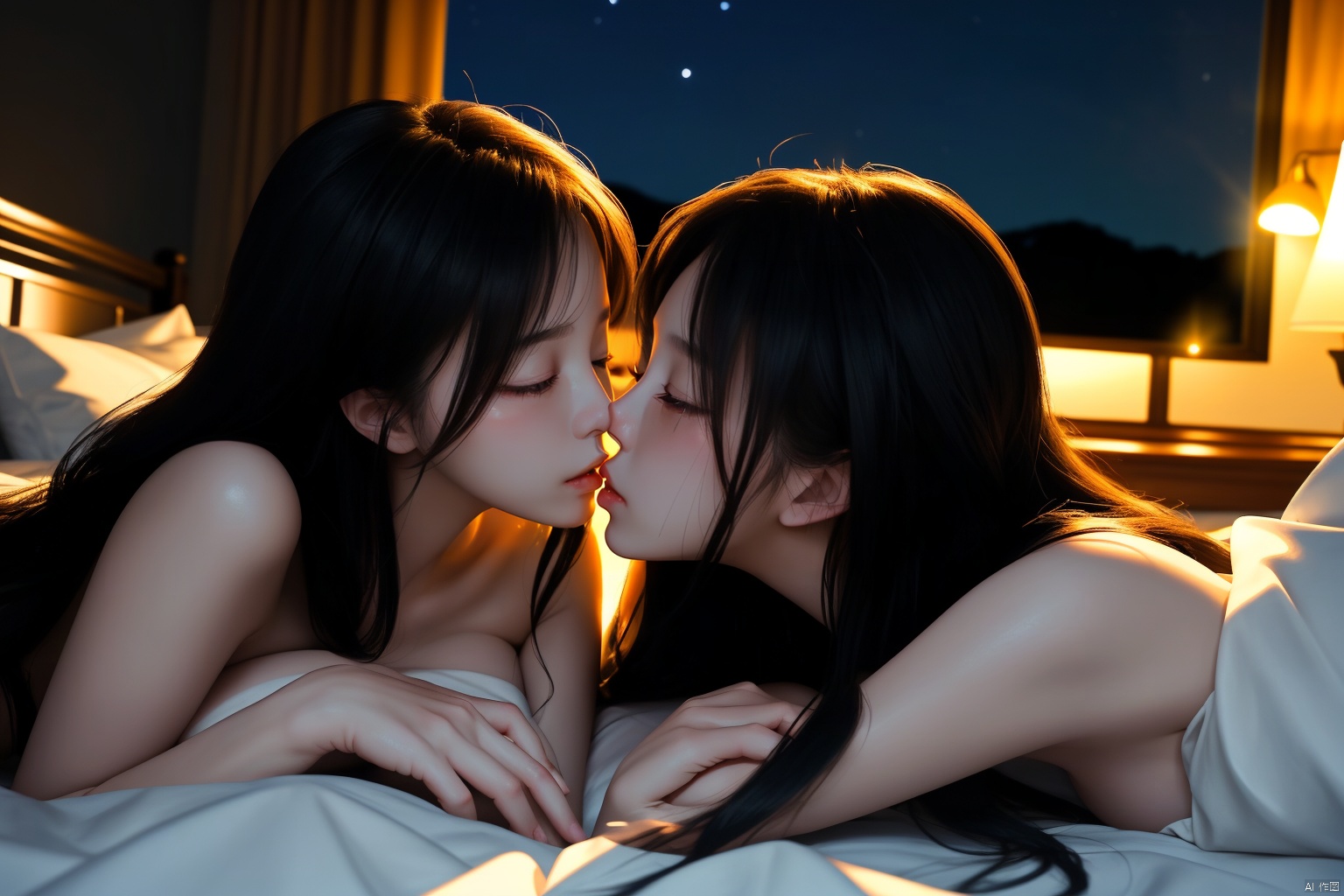 Two beautiful and gentle girls kissing while lying on the bed in a dark room at night
