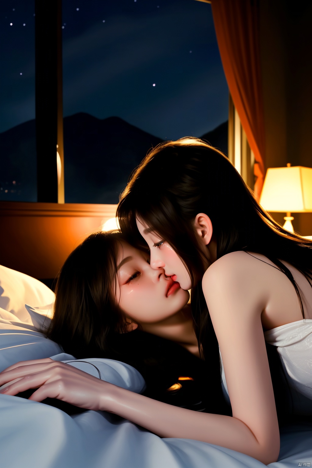 Two beautiful and gentle girls kissing while lying on the bed in a dark room at night