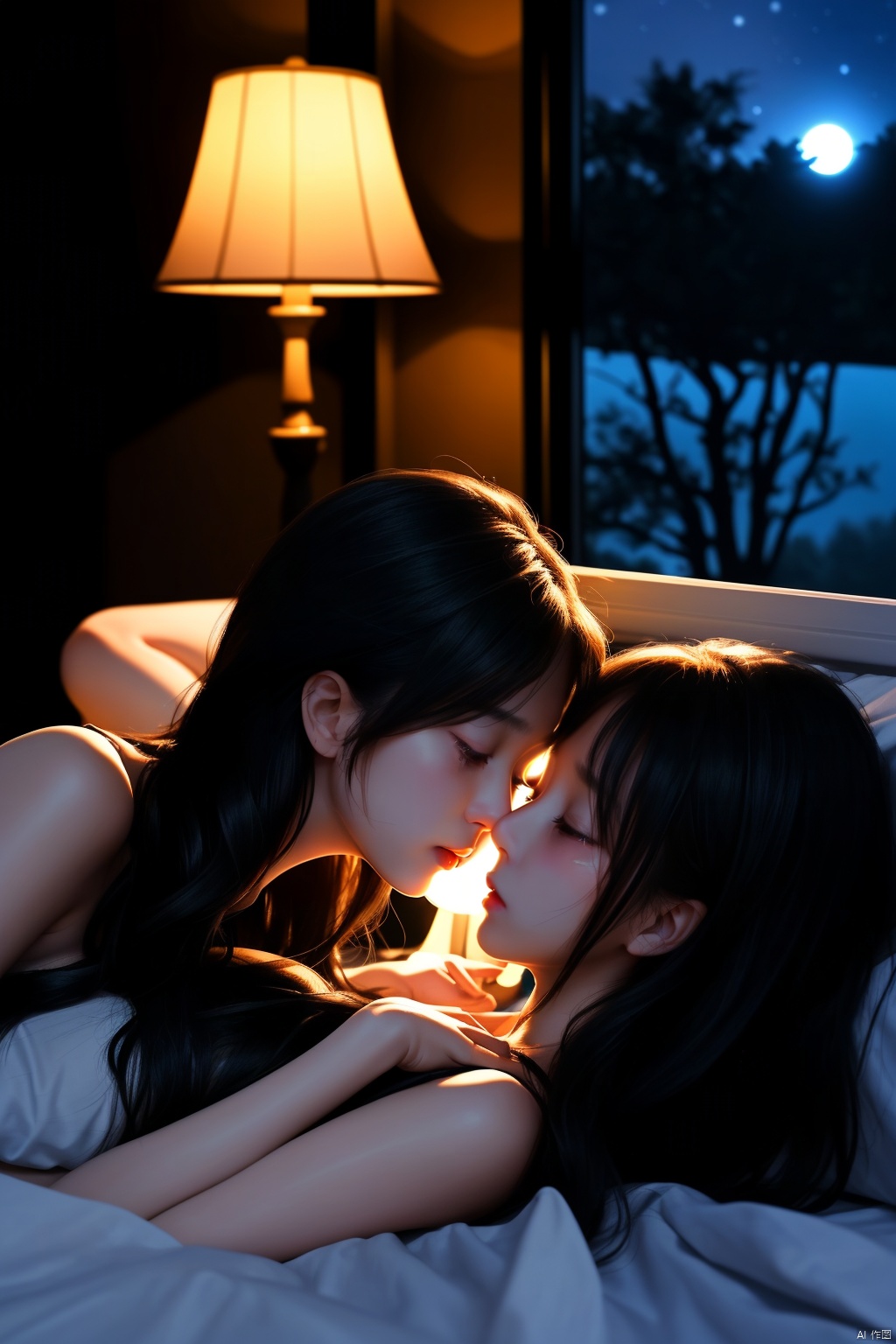 Two beautiful and gentle girls kissing while lying on the bed in a dark room at night