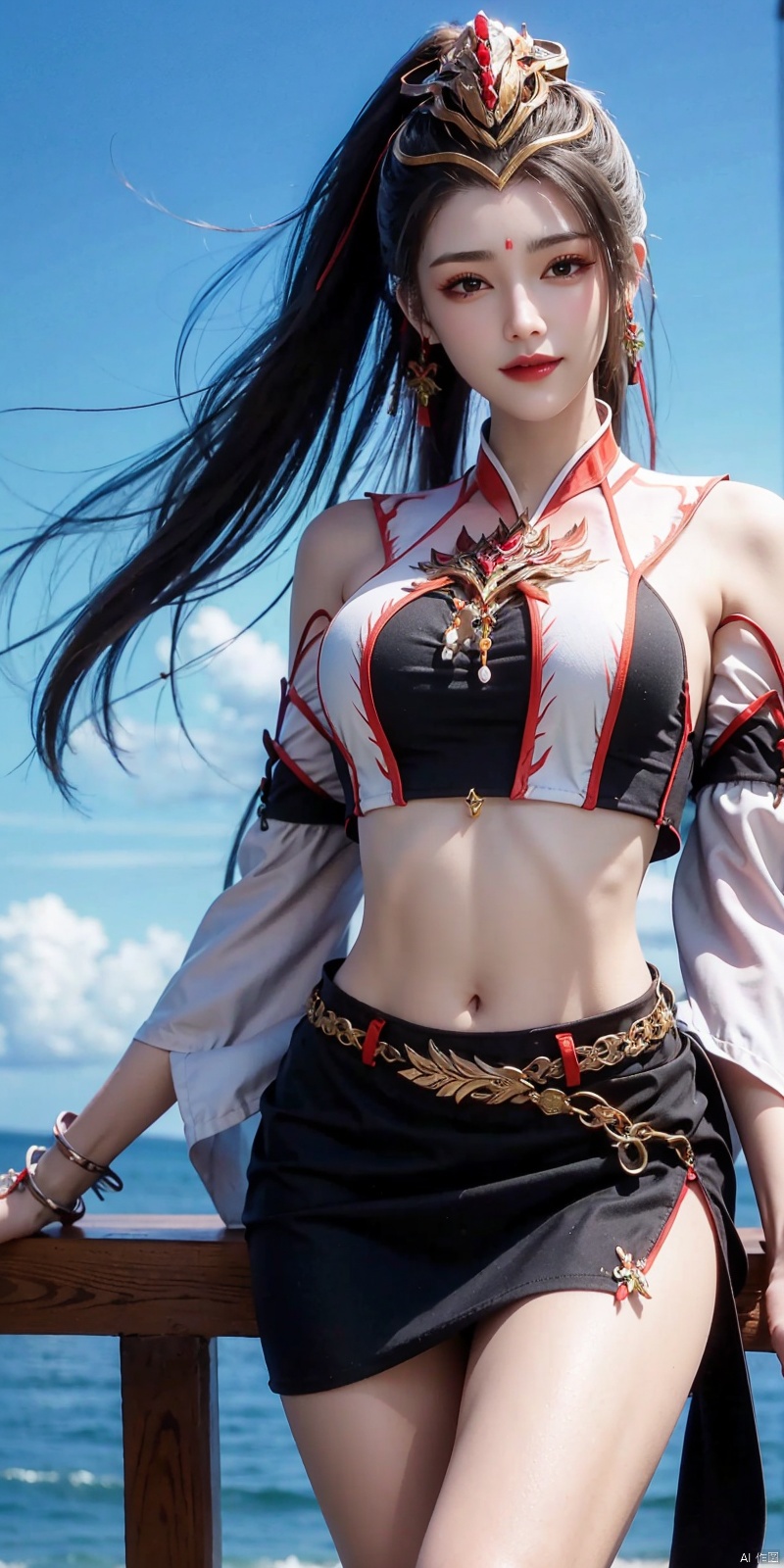 best quality, masterpiece, cowboy_shot,(Good structure), DSLR Quality,Depth of field,kind smile,looking_at_viewer,Dynamic pose
,Short skirt,Blue sky, white clouds, ocean, nai3, 1girl, solo, crop top, , choker, navel, shirt, midriff, crop top overhang, looking at viewer, white shirt, jewelry, breasts, bare shoulders, off-shoulder shirt, off shoulder, black choker, thighs, stomach, long hair, bracelet, short sleeves, ribbon, hand up, collarbone, hair ribbon, medium breasts, , bra strap, , hair ornament, thigh gap, necklace, expressionless, , , jiujiu