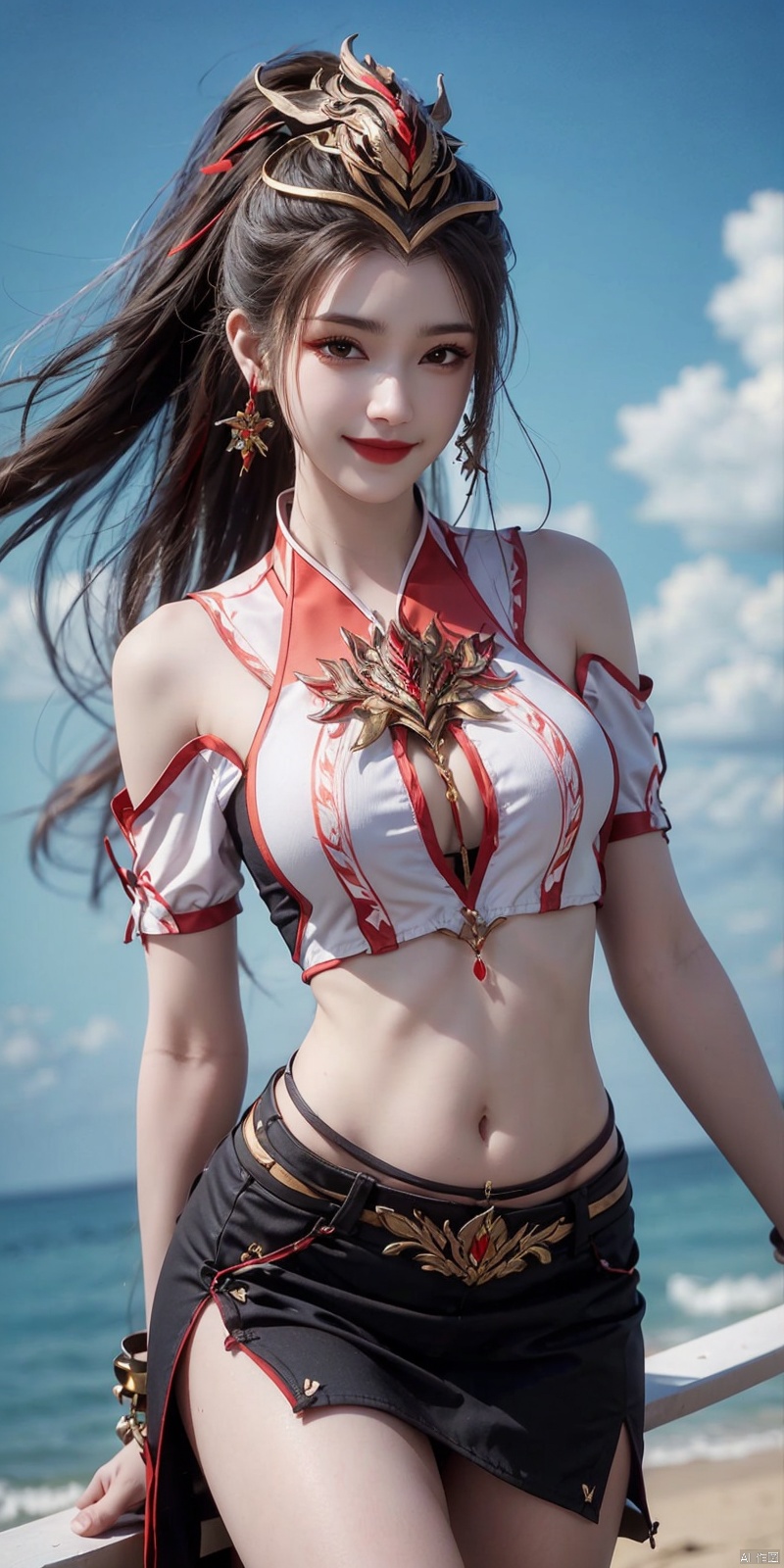 best quality, masterpiece, cowboy_shot,(Good structure), DSLR Quality,Depth of field,kind smile,looking_at_viewer,Dynamic pose
,Short skirt,Blue sky, white clouds, ocean, nai3, 1girl, solo, crop top, , choker, navel, shirt, midriff, crop top overhang, looking at viewer, white shirt, jewelry, breasts, bare shoulders, off-shoulder shirt, off shoulder, black choker, thighs, stomach, long hair, bracelet, short sleeves, ribbon, hand up, collarbone, hair ribbon, medium breasts, , bra strap, , hair ornament, thigh gap, necklace, expressionless, , , jiujiu
