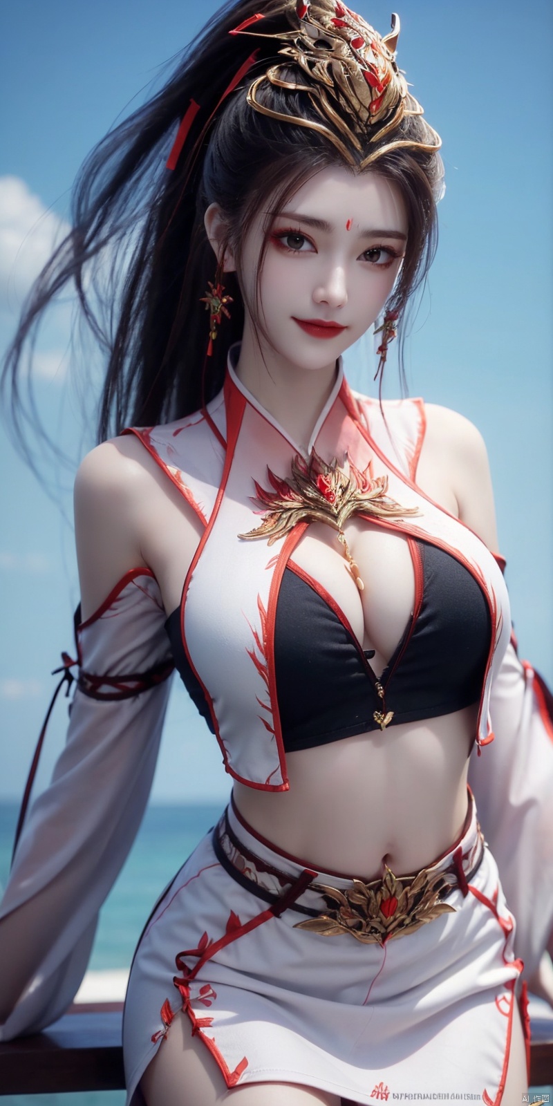 best quality, masterpiece, cowboy_shot,(Good structure), DSLR Quality,Depth of field,kind smile,looking_at_viewer,Dynamic pose
,Short skirt,Blue sky, white clouds, ocean, nai3, 1girl, solo, crop top, , choker, navel, shirt, midriff, crop top overhang, looking at viewer, white shirt, jewelry, breasts, bare shoulders, off-shoulder shirt, off shoulder, black choker, thighs, stomach, long hair, bracelet, short sleeves, ribbon, hand up, collarbone, hair ribbon, medium breasts, , bra strap, , hair ornament, thigh gap, necklace, expressionless, , , jiujiu