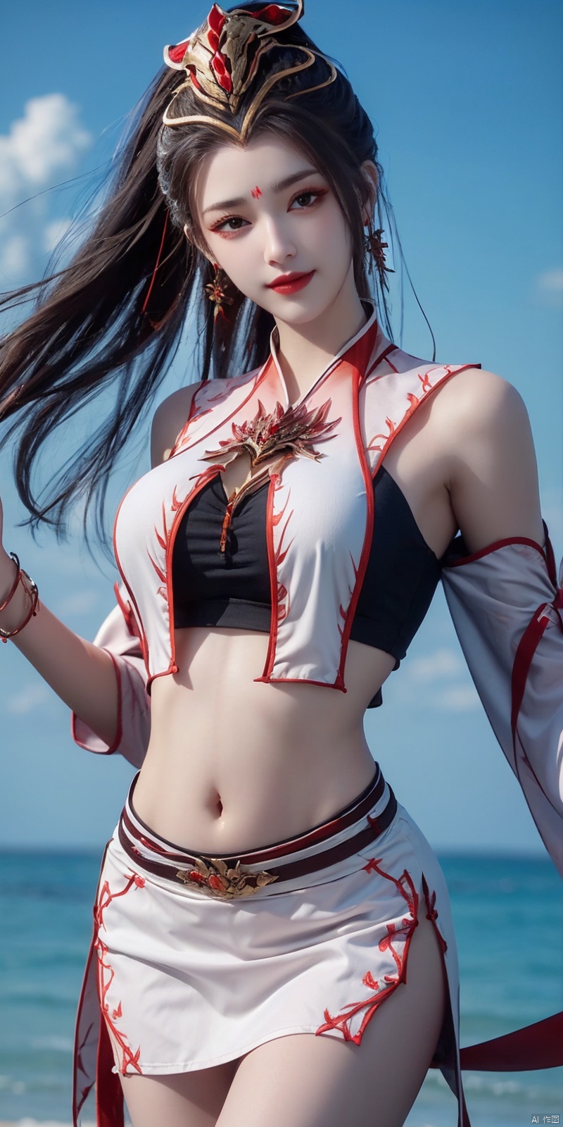 best quality, masterpiece, cowboy_shot,(Good structure), DSLR Quality,Depth of field,kind smile,looking_at_viewer,Dynamic pose
,Short skirt,Blue sky, white clouds, ocean, nai3, 1girl, solo, crop top, , choker, navel, shirt, midriff, crop top overhang, looking at viewer, white shirt, jewelry, breasts, bare shoulders, off-shoulder shirt, off shoulder, black choker, thighs, stomach, long hair, bracelet, short sleeves, ribbon, hand up, collarbone, hair ribbon, medium breasts, , bra strap, , hair ornament, thigh gap, necklace, expressionless, , , jiujiu