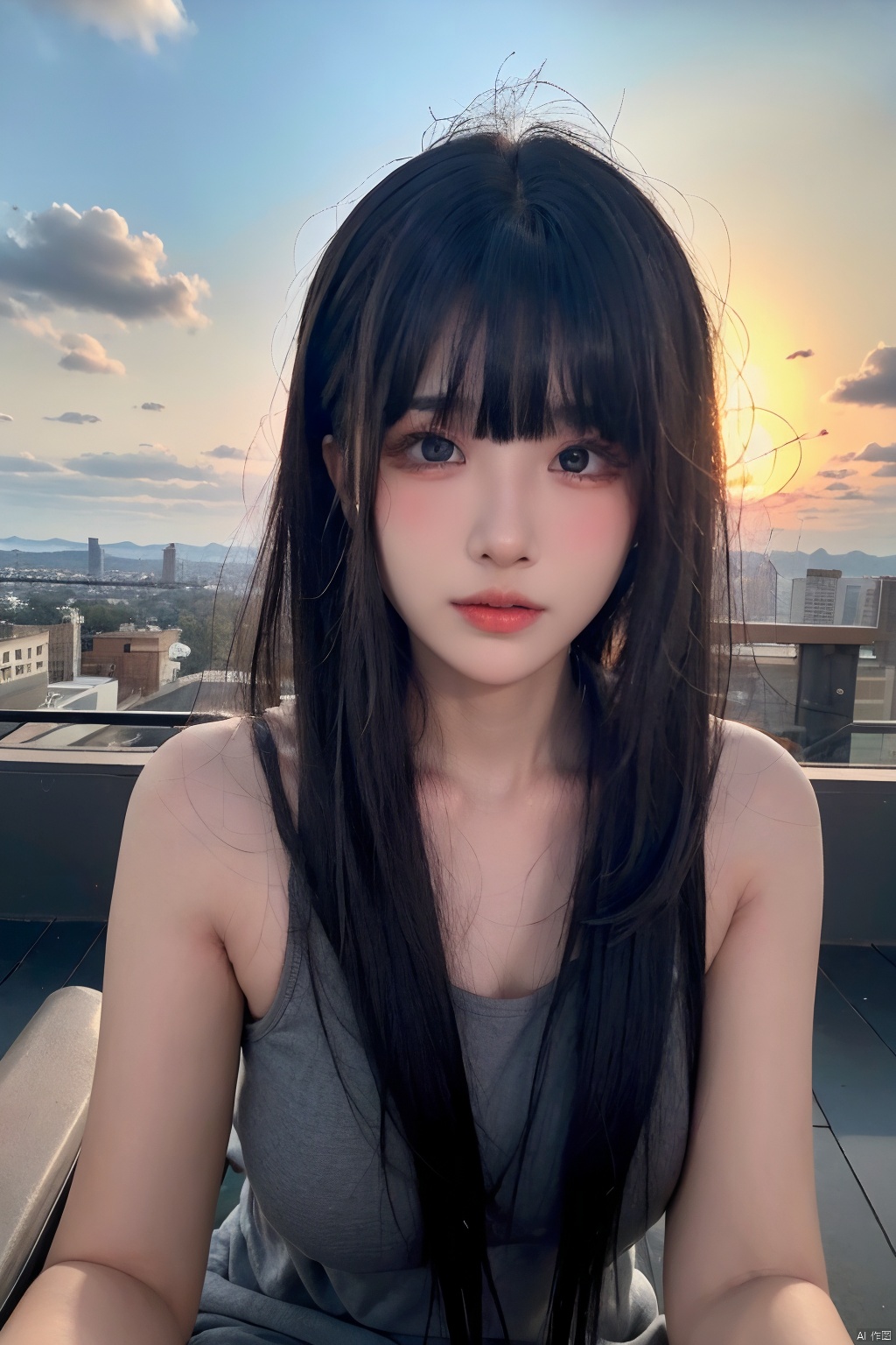  NSFW,Frontal photography,Look front,evening,dark clouds,the setting sun,On the city rooftop,A 20 year old female,Black top,Black Leggings,black hair,long hair, dark theme, muted tones, pastel colors, high contrast, (natural skin texture, A dim light, high clarity) ((sky background))((Facial highlights)), Light master, 1girl