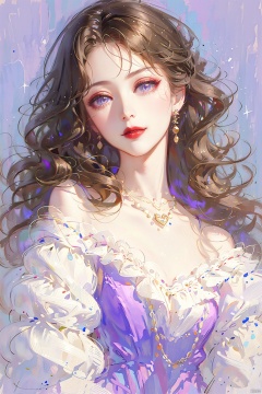 1girl, solo, long hair, looking at viewer, blue eyes, blonde hair, dress, bare shoulders, jewelry, closed mouth, purple eyes, upper body, earrings, puffy sleeves, necklace, off shoulder, lips, head tilt, wavy hair, purple dress, red lips,meiren