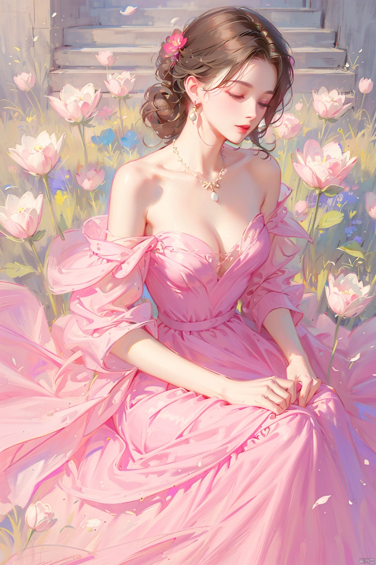 1girl, solo, breasts, brown hair, black hair, hair ornament, dress, cleavage, bare shoulders, jewelry, medium breasts, sitting, closed mouth, collarbone, closed eyes, flower, earrings, necklace, off shoulder, bracelet, lips, pink dress, stairs, long dress,meiren