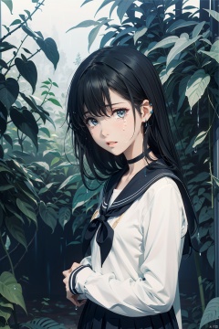  1girl, solo, school uniform, choker, flower, long hair, leaf, looking at viewer, blue theme, serafuku, tears, rain, parted lips, own hands behind back, upper body, crying, sailor collar, jewelry, water drop, crying with eyes open, black choker, black hair, bangs, monochrome, standing between vines, standing between leaves,blue monochrome,doll effect, cremeic effect,