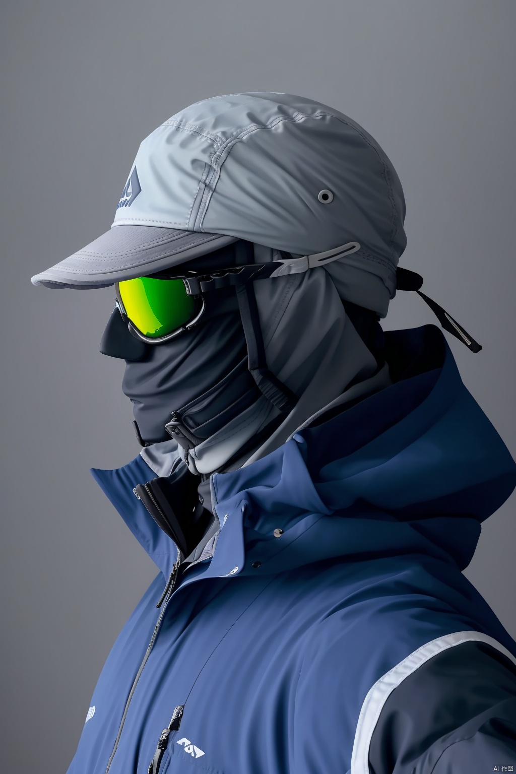  solo, 1boy, hat, jacket, upper body, male focus, hood, grey background, , helmet, goggles, baseball cap, mouth mask, grey headwear