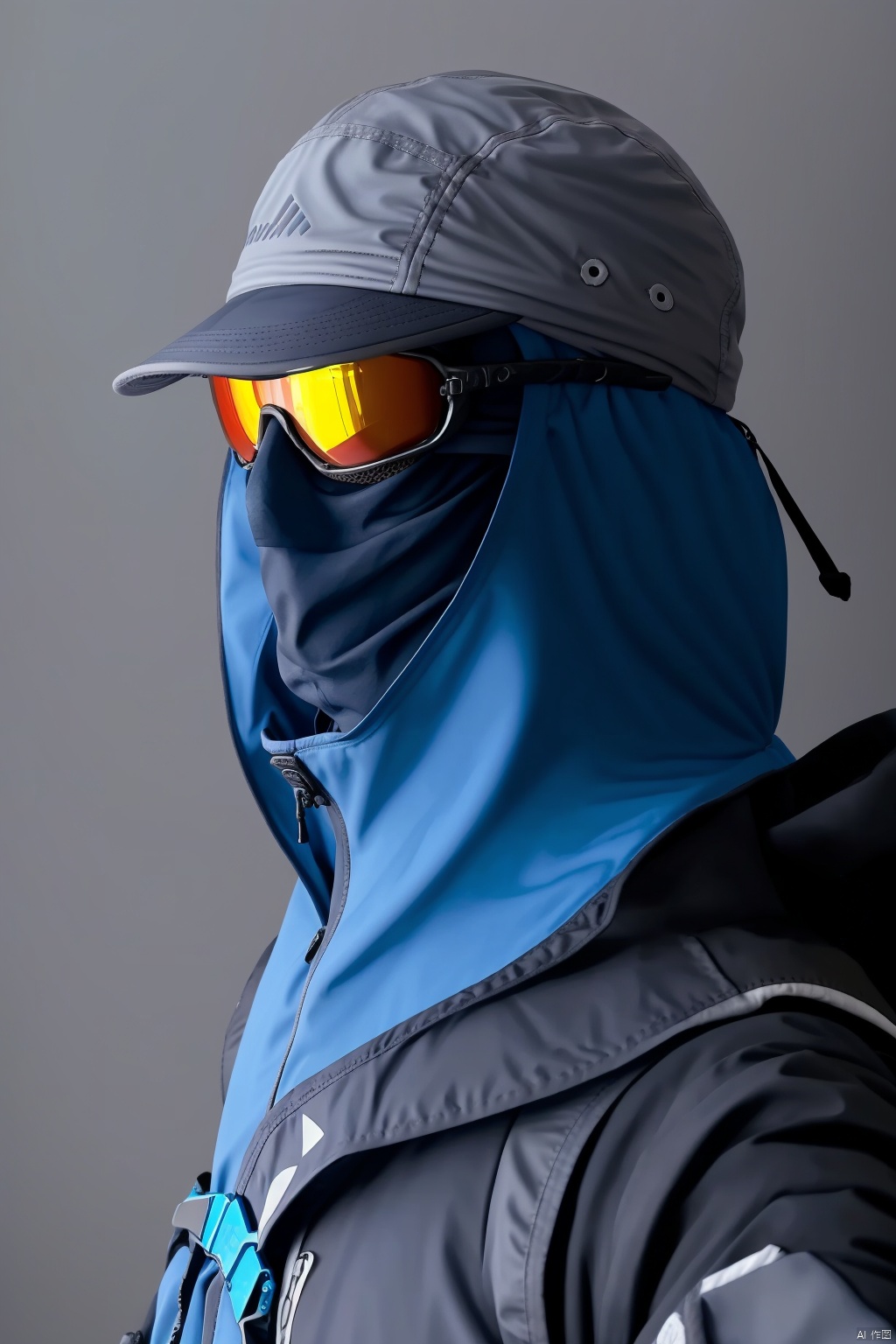  solo, 1boy, hat, jacket, upper body, male focus, hood, grey background, , helmet, goggles, baseball cap, mouth mask, grey headwear