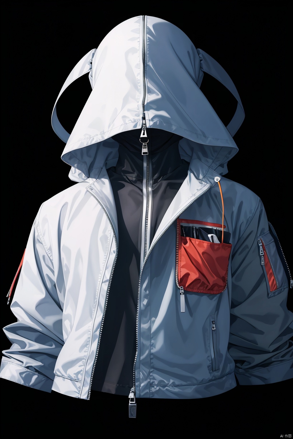  solo, simple background, jacket, upper body, no humans, black background, zipper, cropped torso
