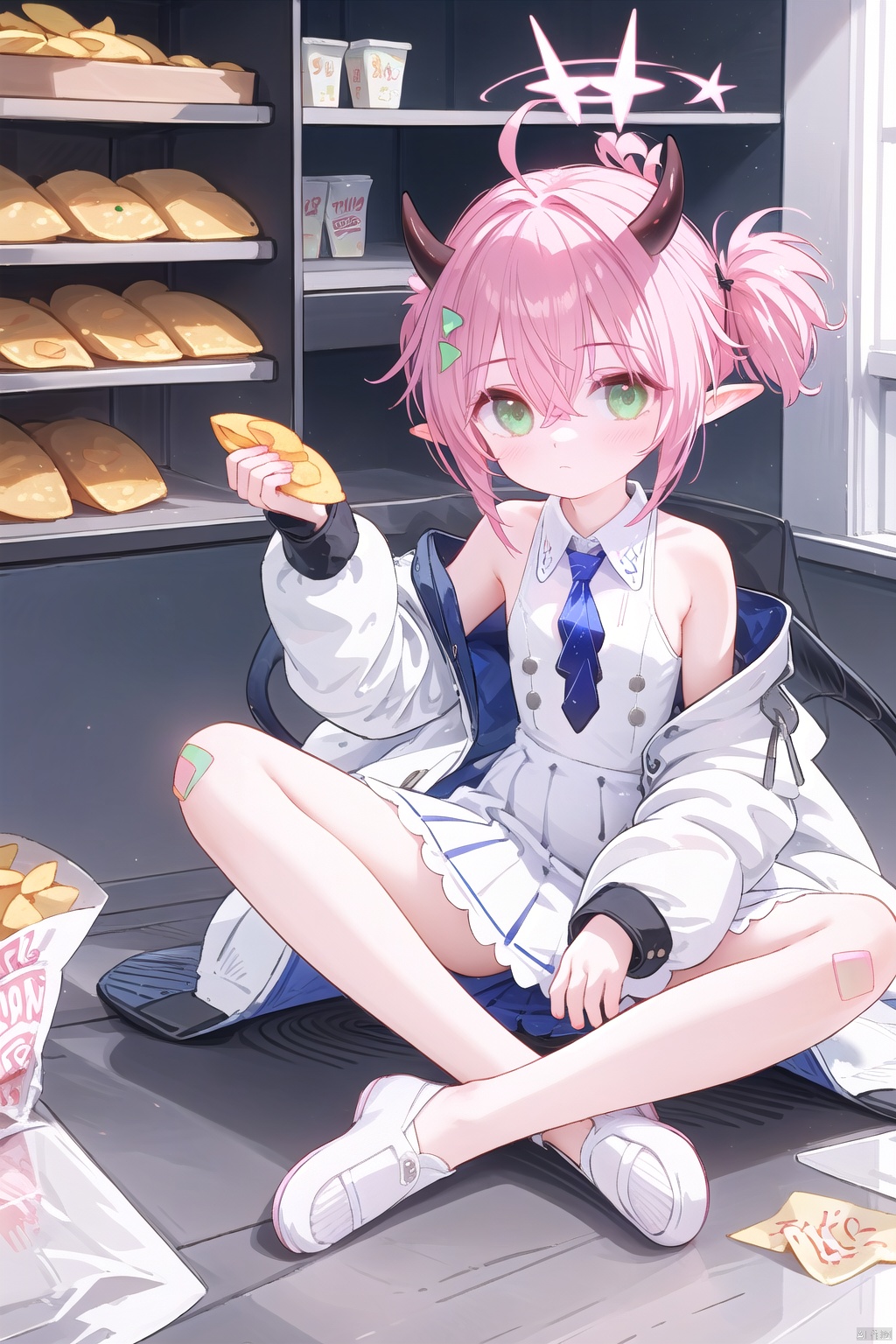  1girl,(masterpiece:1.3),( beautiful:1.2),(high quality:1.2),(finely detailed:1.2),extremely detailed CG unity 8k wallpaper,best quality,a very delicate and beautiful,perfect fingers,(one cute girl at the center:1.2), looking_at_viewer, blush, open_mouth,
breasts, twintails, school uniform, green eyes, jacket, tail, pink hair, ahoge, food, necktie, horns, halo, white footwear, bandaid on leg, bandaid on knee, chips \(food\), potato chips, bangs, hair ornament, long sleeves, dress, hair between eyes, green eyes, small breasts, open clothes, sleeveless, pointy ears, off shoulder, white dress, sleeveless dress, white jacket, demon horns, blue necktie, collared dress, crossed_legs_(sitting), sitting, full body, indian_style, eating,
1girl, solo,looking at viewer, indoors, momokaBA, illustration, depth of field,blurry background, sunlight,