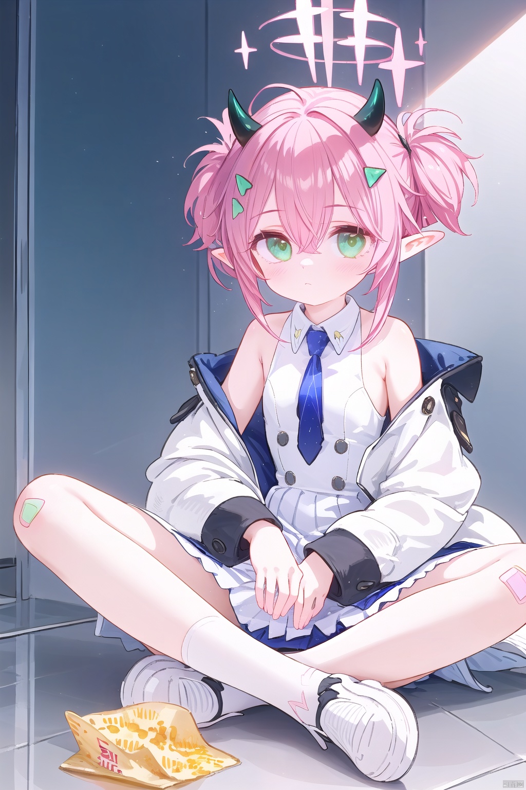  1girl,(masterpiece:1.3),( beautiful:1.2),(high quality:1.2),(finely detailed:1.2),extremely detailed CG unity 8k wallpaper,best quality,a very delicate and beautiful,perfect fingers,(one cute girl at the center:1.2), looking_at_viewer, blush, open_mouth,
breasts, twintails, school uniform, green eyes, jacket, tail, pink hair, ahoge, food, necktie, horns, halo, white footwear, bandaid on leg, bandaid on knee, chips \(food\), potato chips, bangs, hair ornament, long sleeves, dress, hair between eyes, green eyes, small breasts, open clothes, sleeveless, pointy ears, off shoulder, white dress,  sleeveless dress, white jacket, demon horns, blue necktie, collared dress, crossed_legs_(sitting), sitting, full body, indian_style, eating,
1girl, solo,looking at viewer, indoors, momokaBA, illustration, white pantyhose