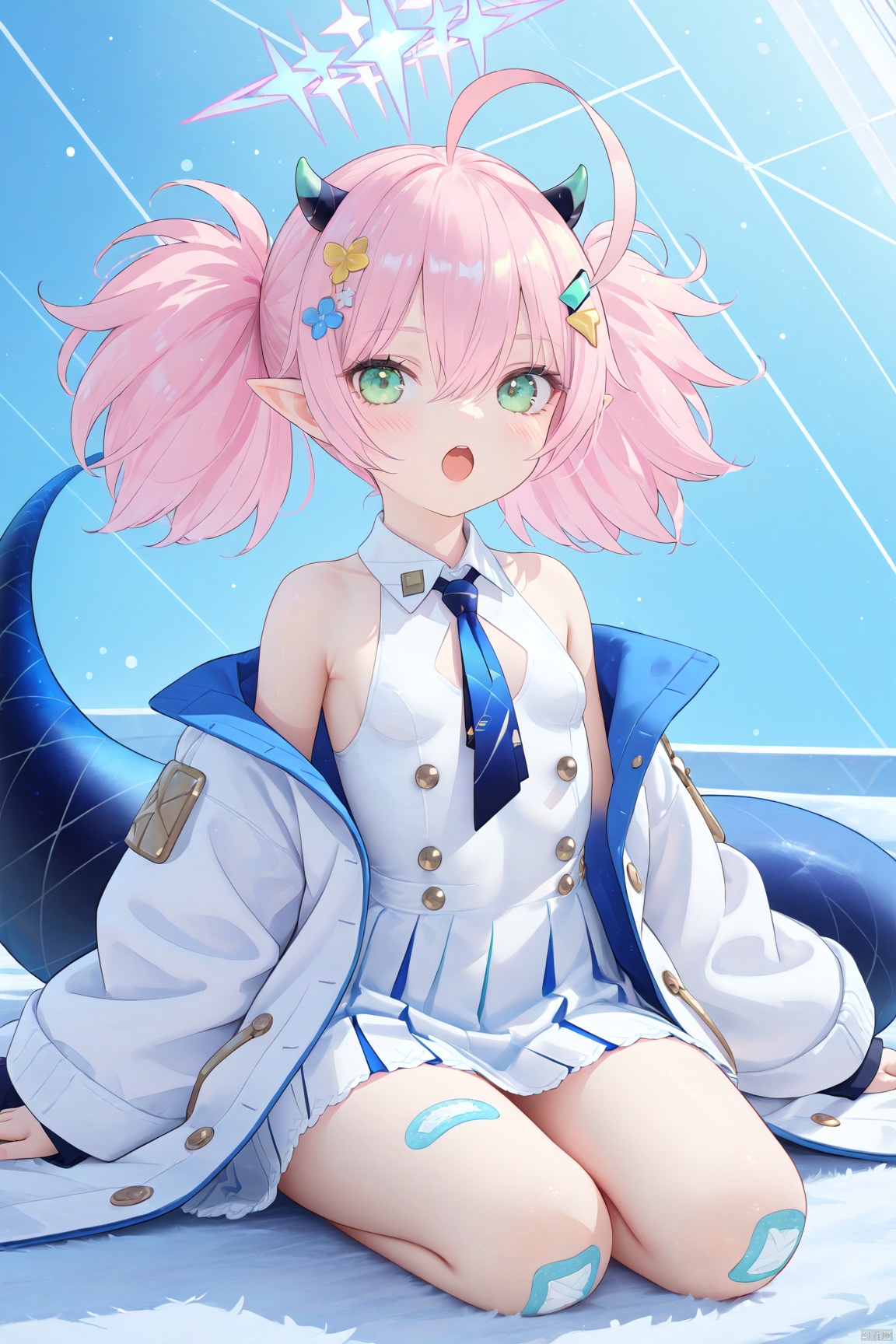  1girl,(masterpiece:1.3),( beautiful:1.2),(high quality:1.2),(finely detailed:1.2),extremely detailed CG unity 8k wallpaper,best quality,a very delicate and beautiful,perfect fingers,(one cute girl at the center:1.2), looking_at_viewer, blush, open_mouth,
breasts, twintails, school uniform, green eyes, jacket, tail, pink hair, ahoge, food, necktie, horns, halo, white footwear, bandaid on leg, bandaid on knee, bangs, hair ornament, long sleeves, dress, hair between eyes, green eyes, small breasts, open clothes, sleeveless, pointy ears, off shoulder, white dress, sleeveless dress, white jacket, demon horns, blue necktie, collared dress, crossed_legs_(sitting), sitting, full body, indian_style, arms support,
1girl, solo,looking at viewer, indoors, momokaBA,