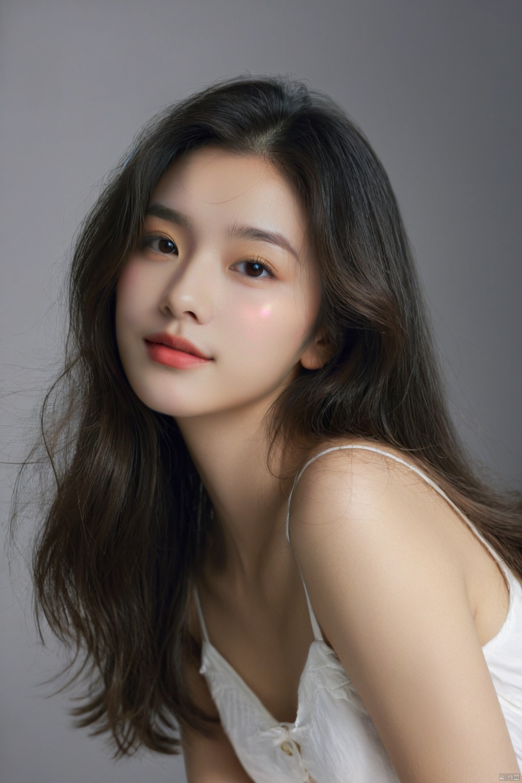  masterpiece, best quality, 1girl ,(( grey background)), long hair, floating hair,looking at viewers, happy, ((front)), (studio light),upper body,soft light, black and white,dark style, summer, FilmGirl