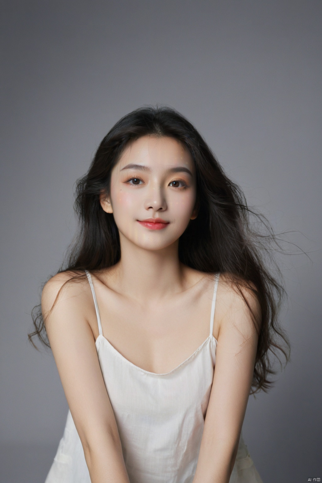  masterpiece, best quality, 1girl ,(( grey background)), long hair, floating hair,looking at viewers, happy, ((front)), (studio light),upper body,soft light, black and white,dark style, summer, FilmGirl