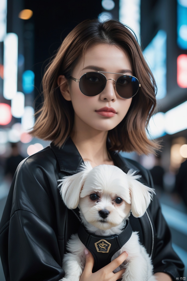  Best Quality, Masterpiece, Ultra High Resolution, (Photorealism: 1.4), Original Photo,
A girl with a maltese puppy behind, cyberpunk, (aviator sunglasses), high-tech clothing, dynamic pose, looking at the viewer, from below, best shadows, complex, depth of field, long hair, messy hair, Tokyo city background, city at night,
SaltBaeMeme, salt, food