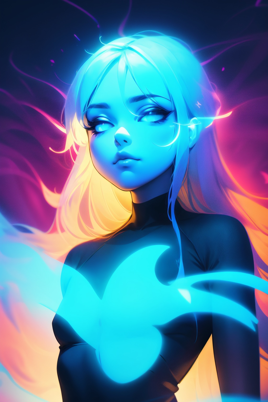 1girl minimalist hologram,  long hair glowing,  line glowing surrounds the body on a simple background on Tensor.Art