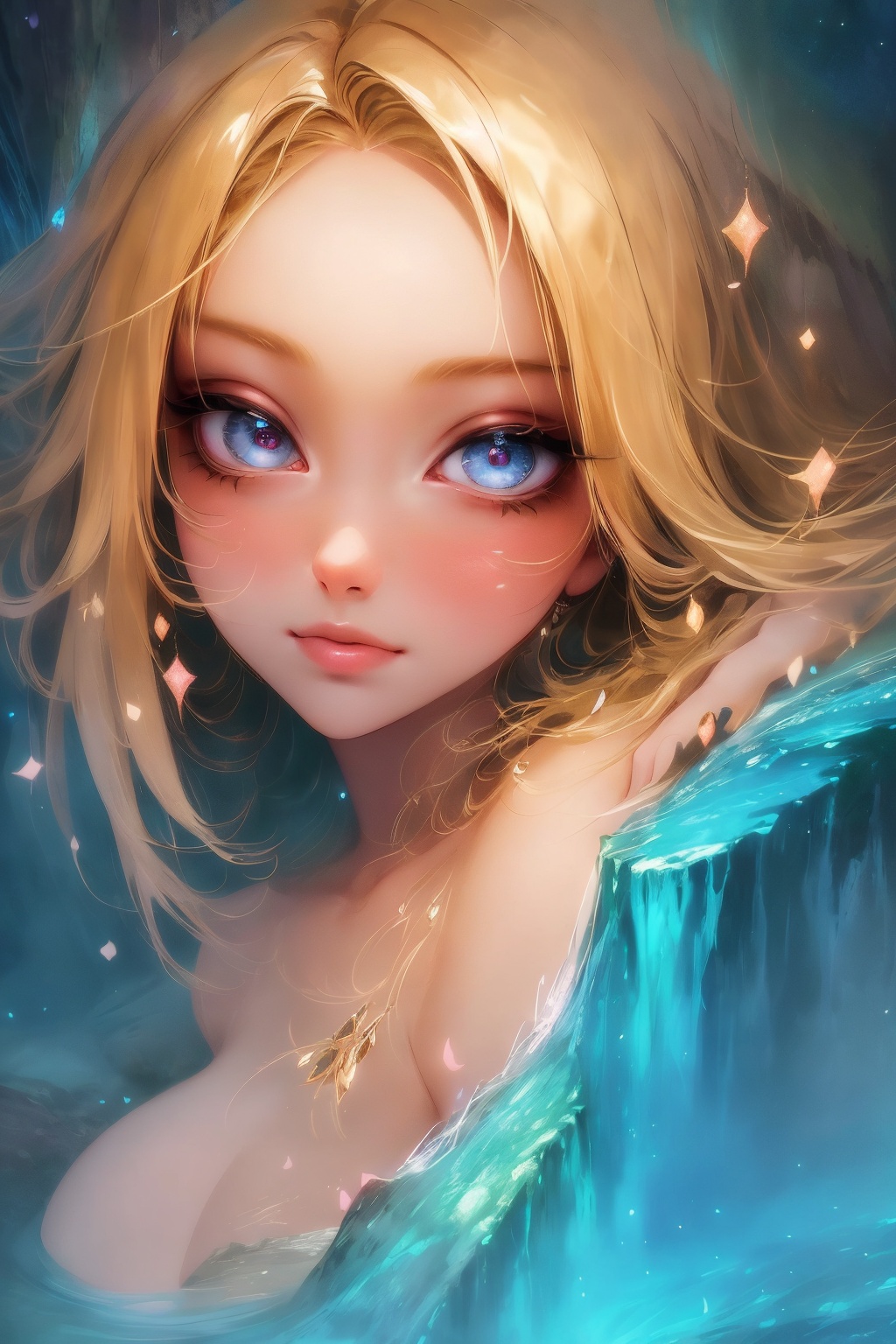 In a magical underground realm,  a (((closeup beautyful girl))) stands before the entrancing Cave of Wonders,  surrounded...