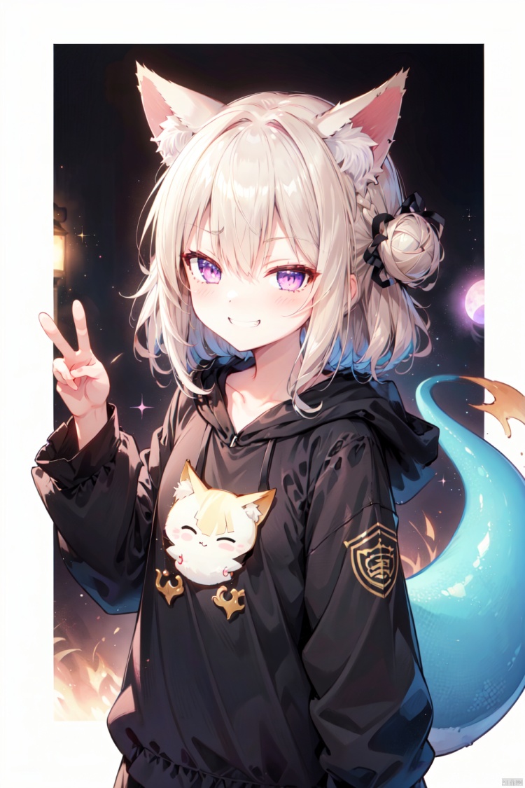 medium-B,kemomimi-chan_(naga_u),1girl, animal_ear_fluff, animal_ears, black_background, blonde_hair, blush, commentary_request, dark_side_of_the_moon, fox_ears, hair_between_eyes, hair_bun, hair_ornament, kemomimi-chan_\(naga_u\), looking_at_viewer, naga_u, original, pink_floyd, purple_eyes, rainbow, simple_background, solo, sparkle, v-shaped_eyebrows,evil grin