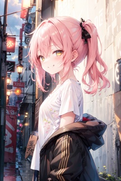 masterpiece,loli,(petite:1.2),high ponytail,medium breast,(panorama:1.2),caustics,best quality,beautiful detailed eyes,(pink hair),wavy hair,disheveled hair, messy hair, long bangs, hairs between eyes, extremely detailed, floating hair,solo, best quality, masterpiece, highres, original, extremely detailed wallpaper,{an extremely delicate and beautiful}++++loose clothes,(white t-shirt:1.4),(black open jacket:1.2),++hairclip+/*/*/*++(floral print:1.2)+/*/*/*+++yellow eyes, {beautiful eyes},solo,evil grin