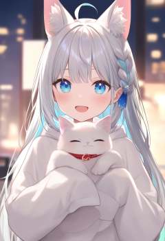 1girl, hiten,  (azuuru:1.1), (torino aqua:1.2), (azuuru:1.1), kedama milk, fuzichoco, ask \(askzy\), chen bin, atdan, hito, mignon, upper body, fox girl, sleeves past wrists, blush, holding animal, virtual youtuber, long hair, animal ear fluff, looking at viewer, animal ears, holding, white hair, ahoge, solo, blue eyes, blurry, fox ears, long sleeves, hairpin, :d, open mouth, hair ornament, cat, braid, holding cat, smile, depth of field, animal, masterpiece, newest, absurdres, sensitive